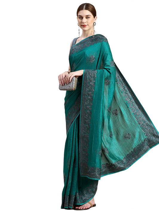 MOHEY Women's Art Silk Machine Resham & Zari Boota & Border Work Saree with Unstitched Blouse Piece - Green