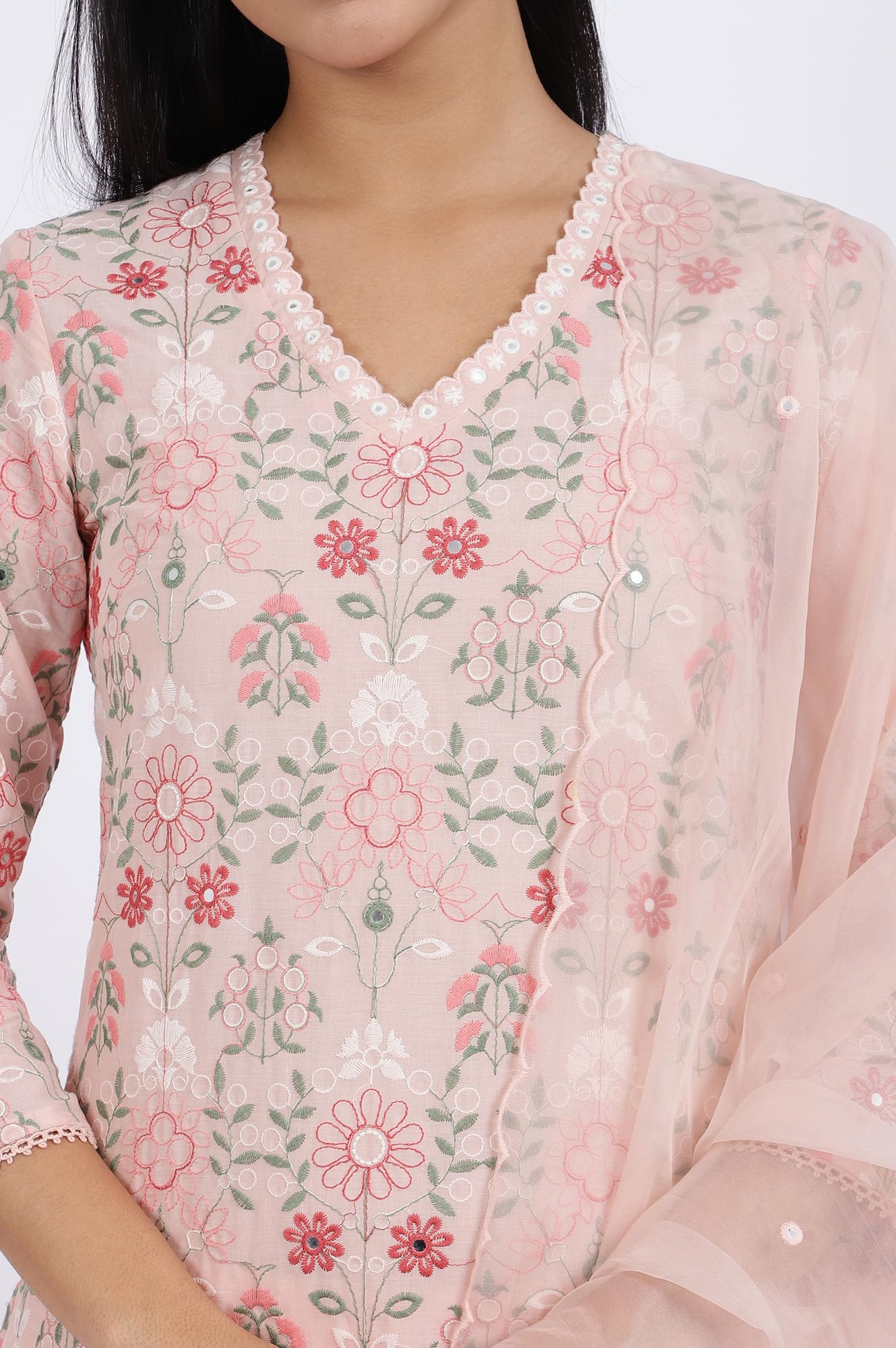 W for Woman Embroidered Lace Pure Cotton Straight Kurta & Straight pant with Dupatta Set (Size: M)-WS12421-400788
