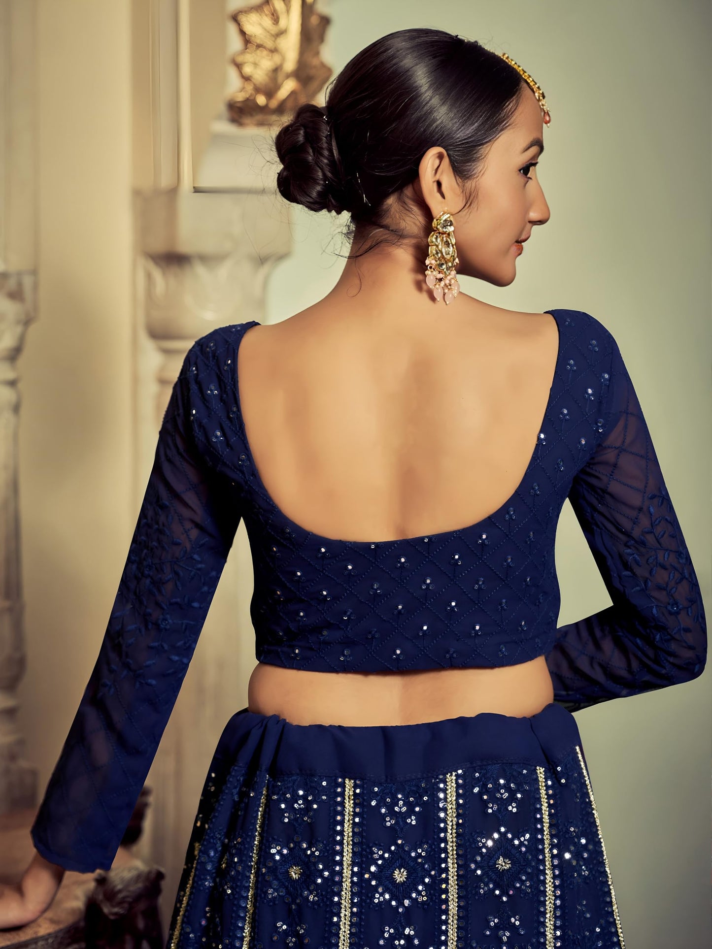 Zeel Clothing Women's Sequins Thread Embroidered Georgette Lehenga Choli With Dupatta (6005-Navy-Blue-Women-Lehenga-Choli-New; Free Size)(Navy-Blue)