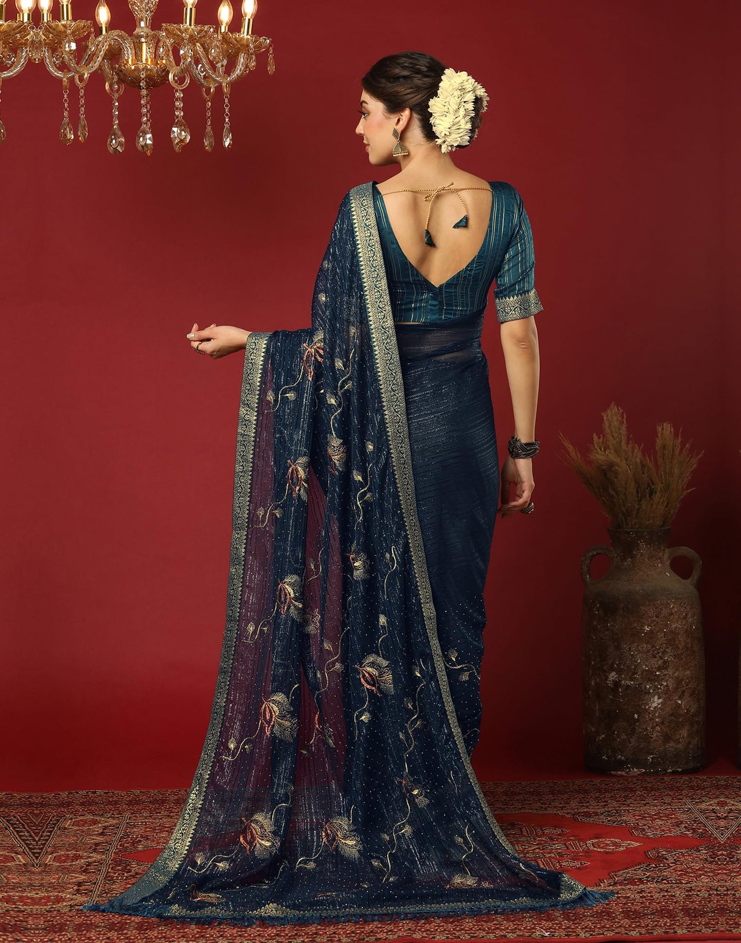 Satrani Women's Georgette Stone Work & Embroidery Saree with Unstitched Blouse Piece (4397S3142N_Rama Blue)
