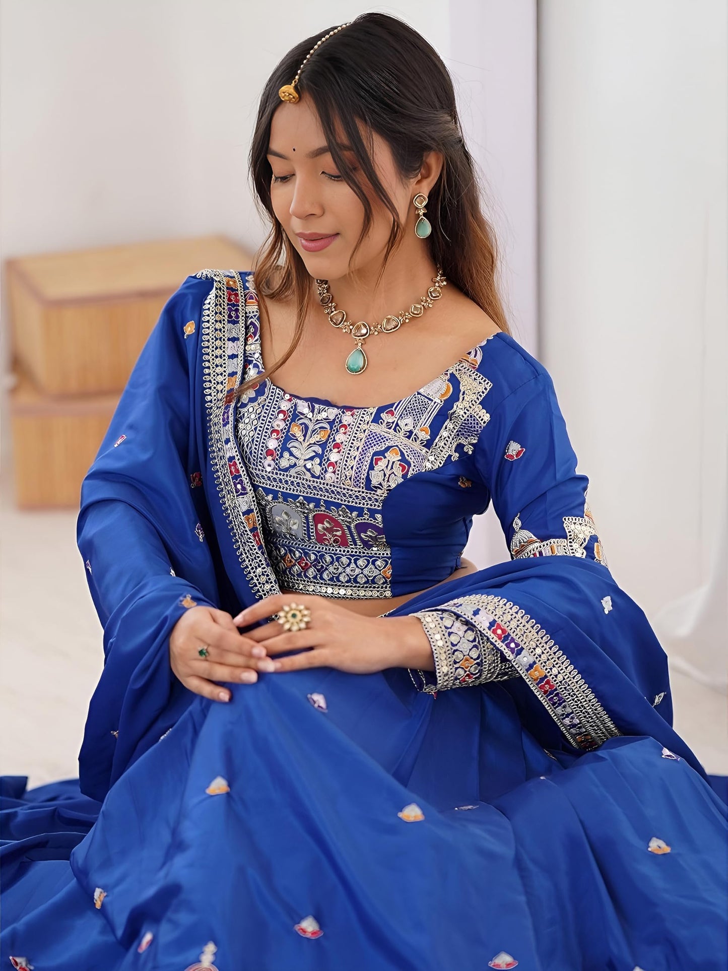 Zeel Clothing Women's Sequins Thread Embroidered French Crepe Lehenga Choli With Dupatta (5118-Royal-Blue-Women-Lehenga-Choli; Free size) (Royal Blue)