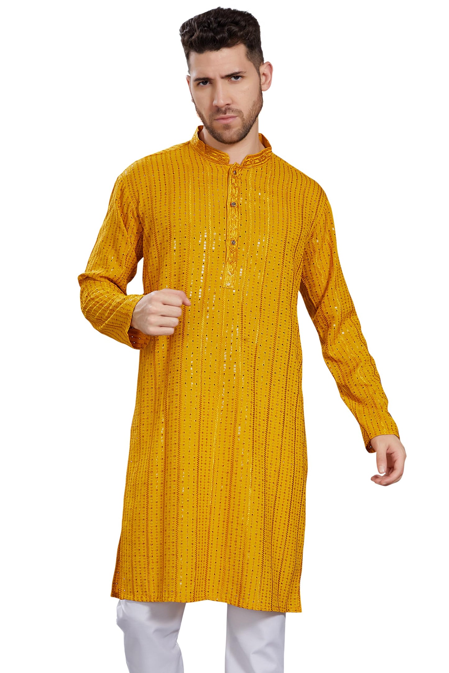 DIVISIVE Men's Embroidered Cotton Blend Only Slim Fit Kurta (DKRT383_XXL_Mustard)