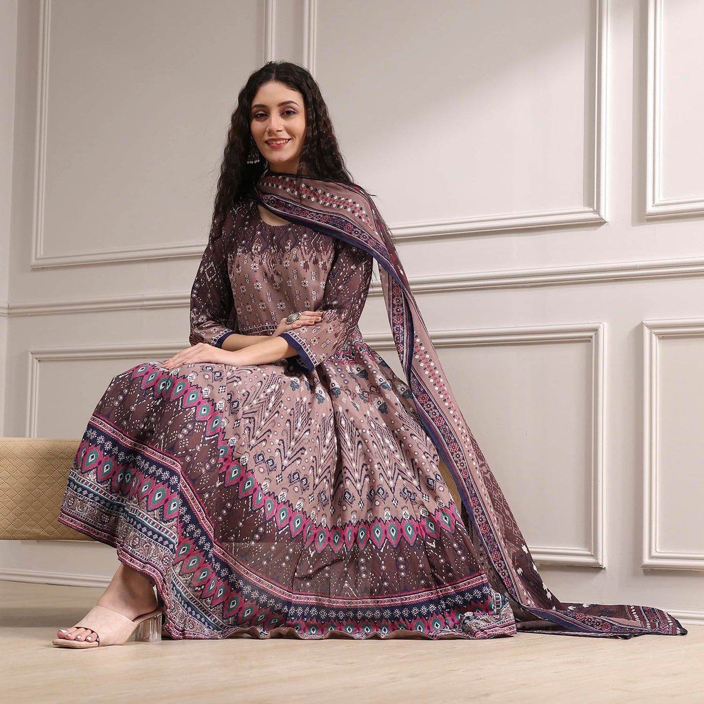 Biba Women Mud Brown Cotton Anarkali Printed Kurta Set_34