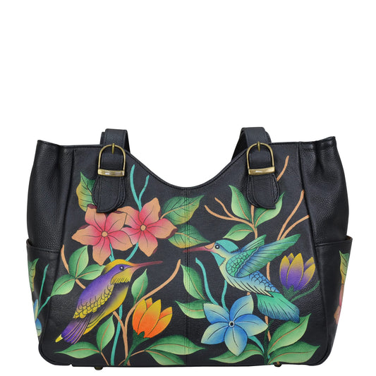 Anna by Anuschka Women's Genuine Leather Shoulder Bag - Hand Painted Original Artwork Exterior, Paradise Black, One Size