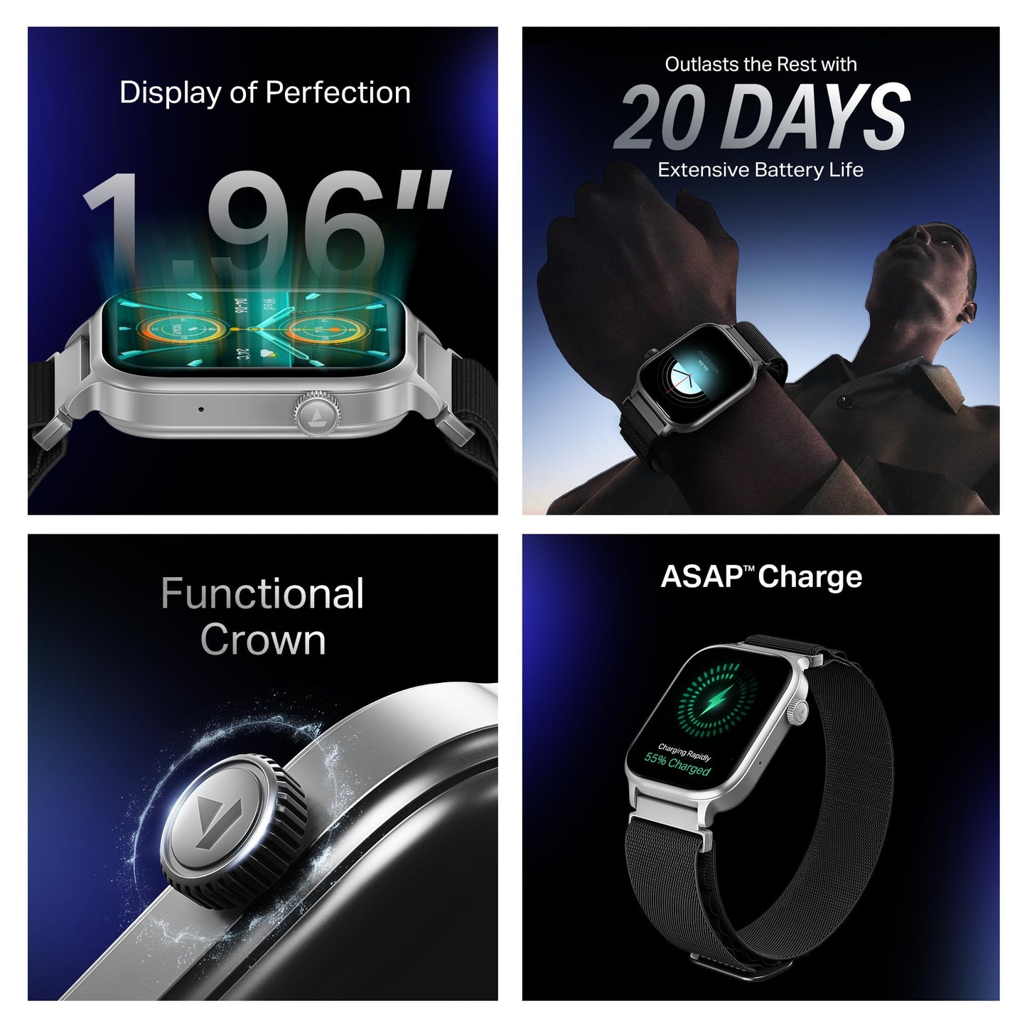 Boat Storm Infinity Plus Smartwatch with 20 Days Battery, ASAP™ Charge, 4.97 cm HD Display, Functional Crown, Multiple Sports Modes, BT Calling, SOS, IP68, Heart Rate & SpO2 Monitor (Sports Black)