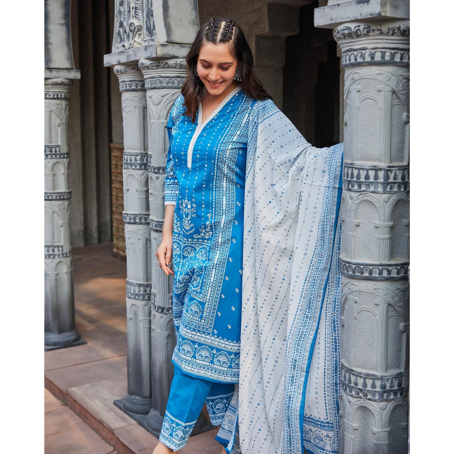 BIBA Women Cotton Straight Printed Suit Set (SKDSHWETSAGA9572SS24BLU_Blue