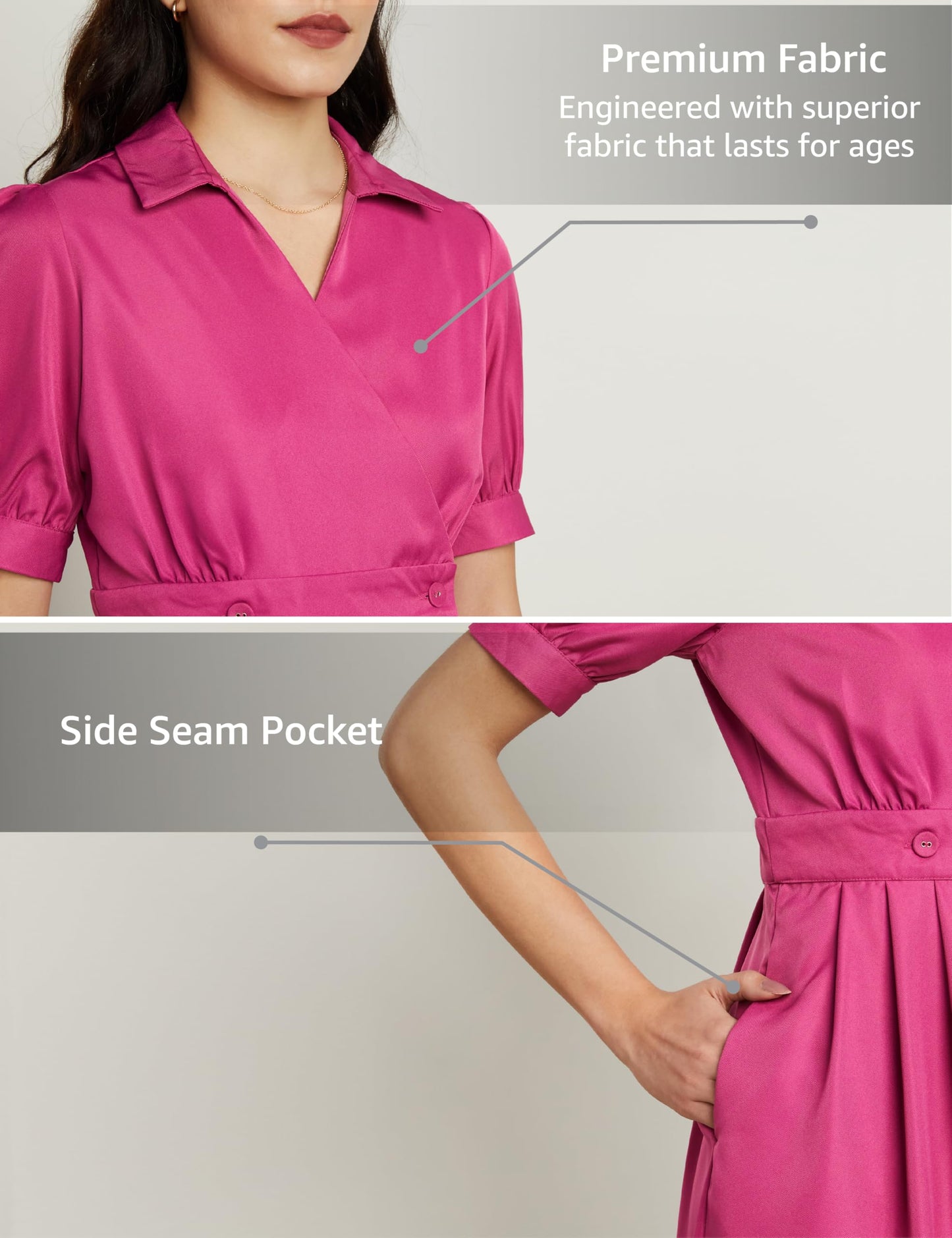 Symbol Premium Women's 'Desk-to-Dinner' Fit & Flare Wrap Dress (Midi Length | Stylish) (SBP-SS24-WDR-607_Magenta Pink_XL)