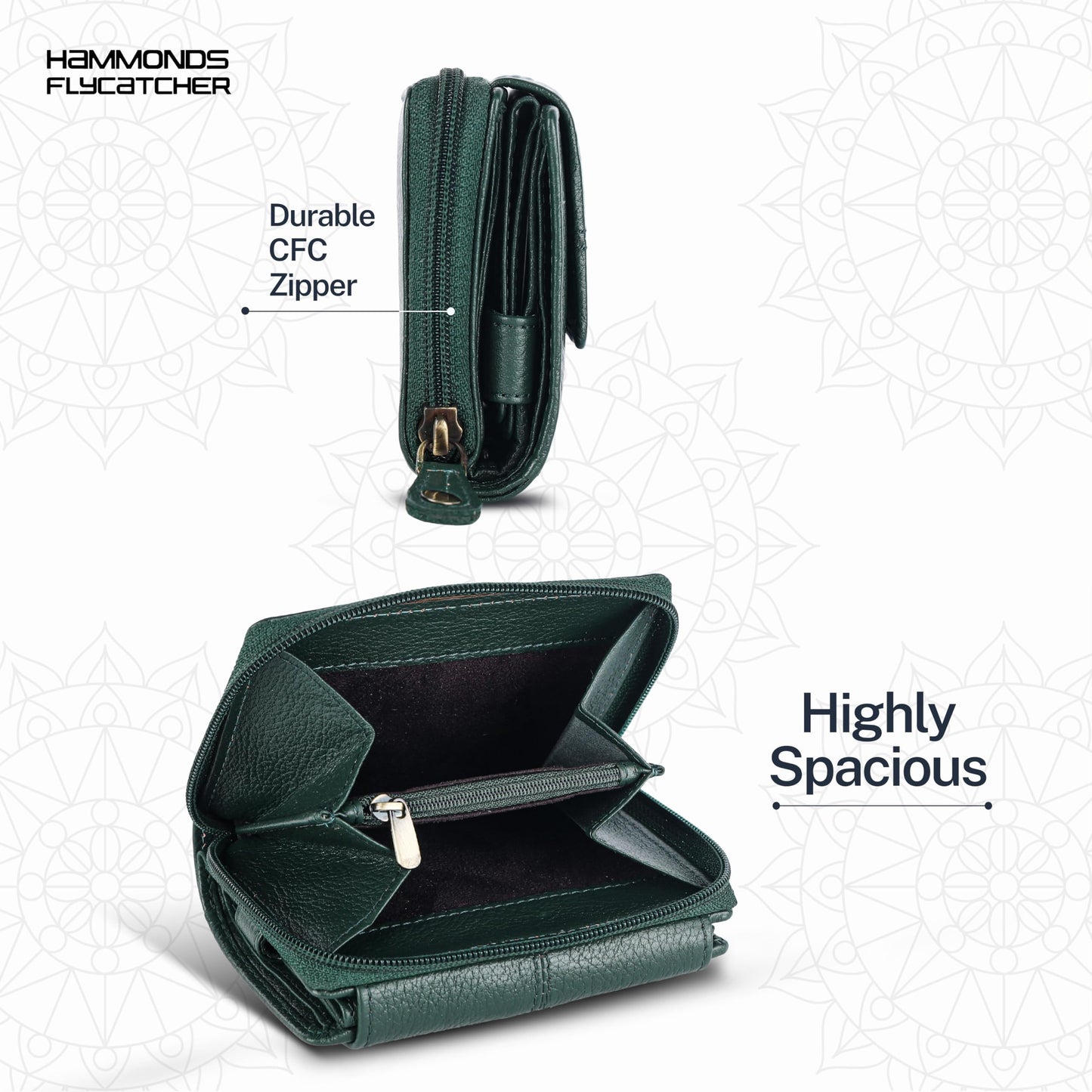 HAMMONDS FLYCATCHER wallet for women - Genuine Leather Ladies Wallet - Green - 14 Card Slots - RFID Protection - 3 ID Card Slots - Women's Wallet - Button Closure -Hand Wallet - Daily Use, Money Purse