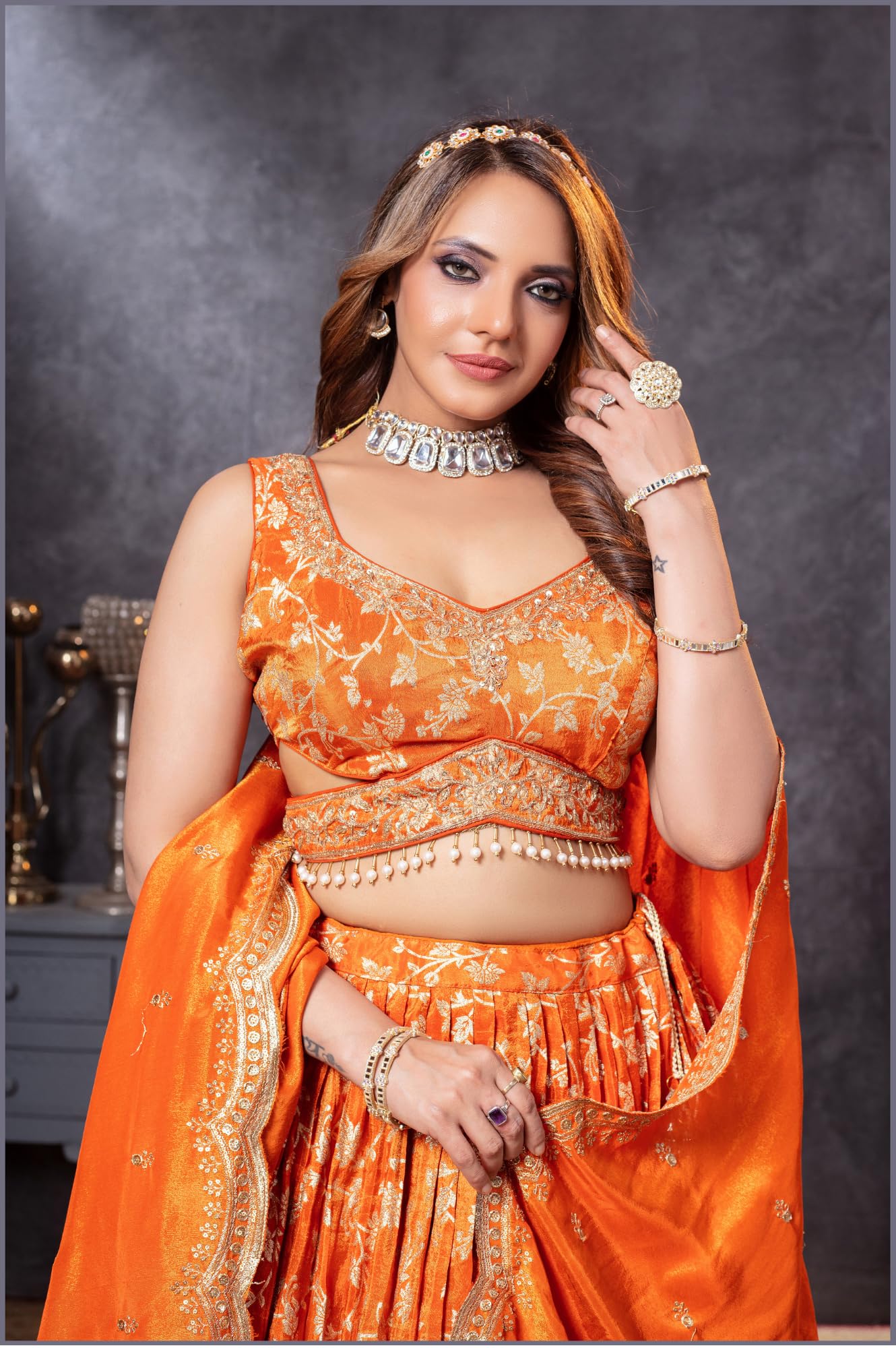 ADHIA Women's Embroidered Lehenga Choli with Dupatta | Silk Blend Wedding Lehenga Set | Traditional Indian Dress (Lehenga, Dupatta, Blouse, Orange, Size - L)