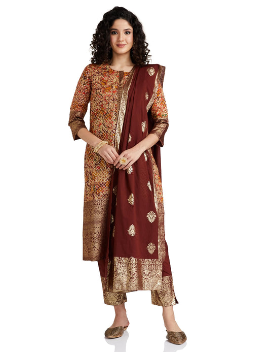 BIBA Cotton Women Printed Relaxed Salwar Kurta Dupatta (Skddurgotsa7566_Choco Brown_32)