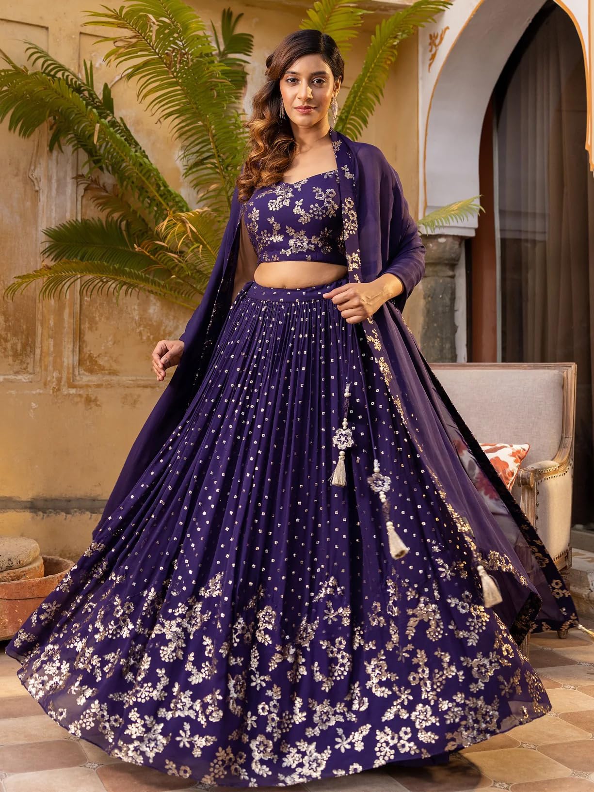 Zeel Clothing Women's Sequins and Thread Embroidered Work Georgette Lehenga Choli With Dupatta (6015-Purple-Women-Lehenga-Choli; Free size)