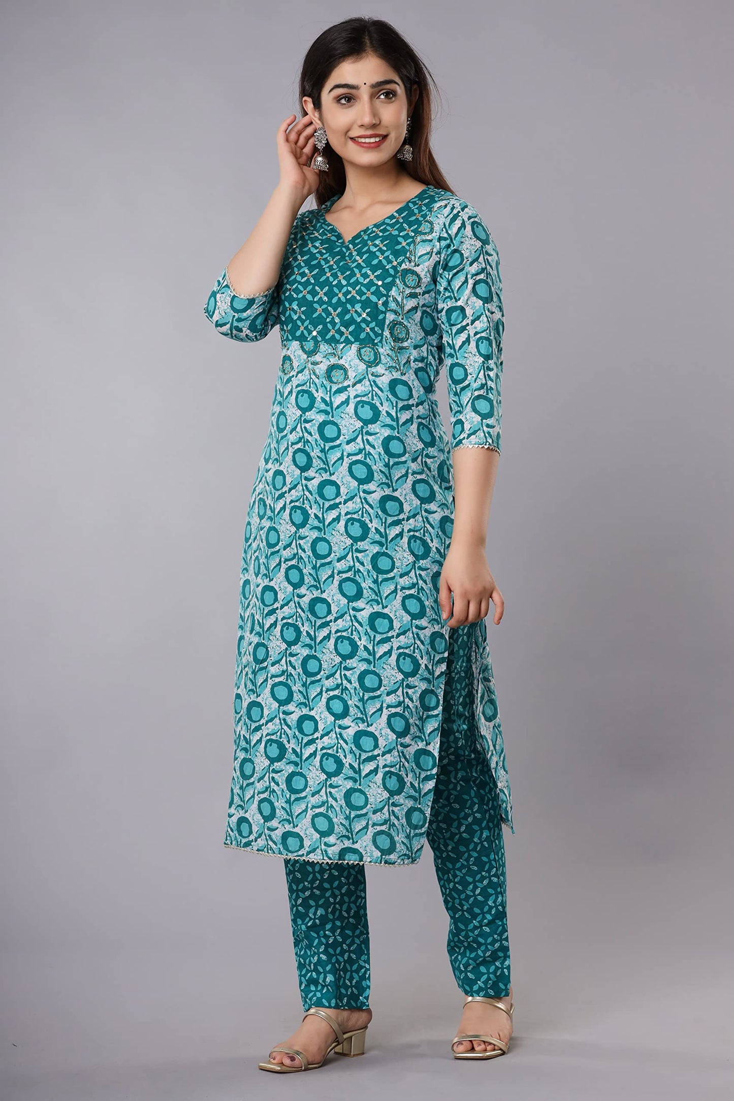 Vnyashri Cotton kurta set with dupatta for women (IN, Alpha, S, Regular, TEAL GREEN)