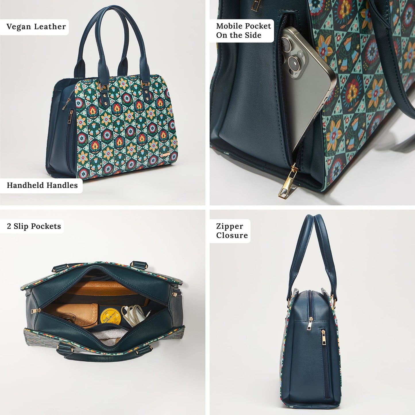 Chumbak Naples Tote Bag for Women, Navy Floral PU Leather, Digital Nomad Collection, Spacious and Stylish Travel Tote, Zipper Closure, Great for Office and Daily Use