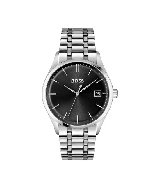 BOSS Hugo Stainless Steel Commissioner Analog Black Dial Men Watch-1513833, Silver Band
