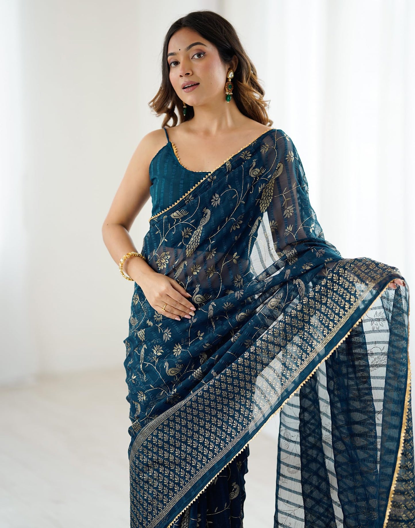 SIRIL Women's Georgette Foil with Floral Print & Weaving Saree with Unstitched blouse (4742S822_Blue)