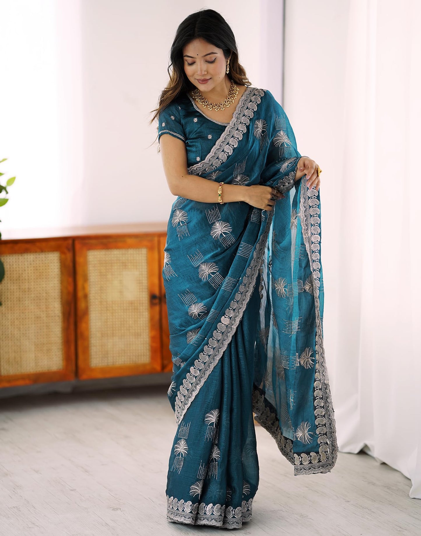SIRIL Women's Simmer Chiffon Embroidery Saree With Unstitched Blouse Piece (4488S232_Teal Blue)