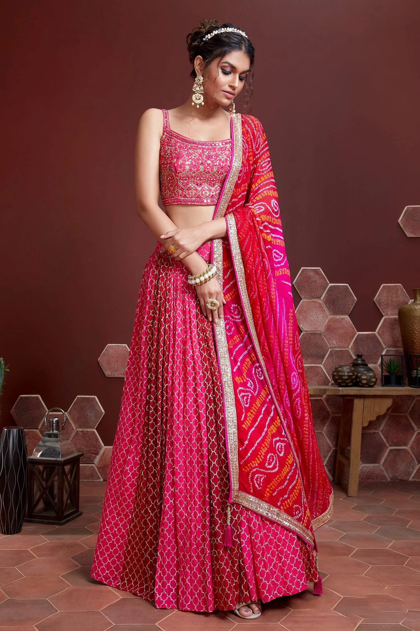 Zeel Clothing Women's Chinnon Silk Embroidered Fabric Semi-Stitched Lehenga Choli with Dupatta (105-Pink-New-Bridal-Latest-Lehenga; Free Size), Customizable Length