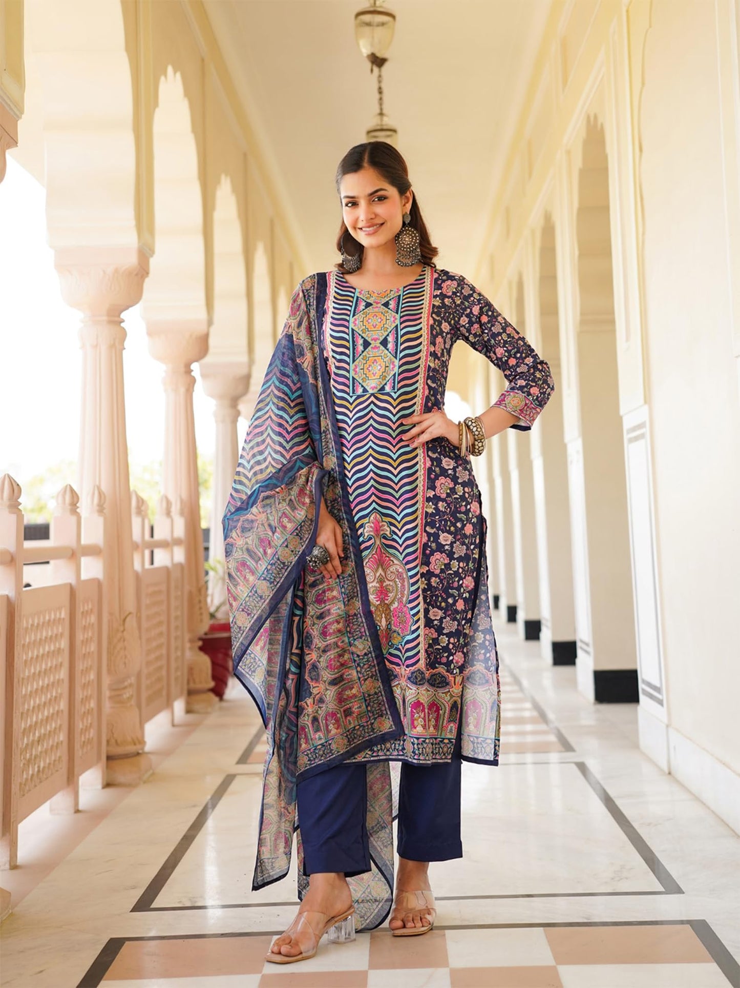 Vaamsi Women's Blue Rayon Printed Straight Kurta Pants With Dupatta Set | Festive Straight Kurta Set For Women | Printed Salwar Suit For Women (SKSKD3049, XL)