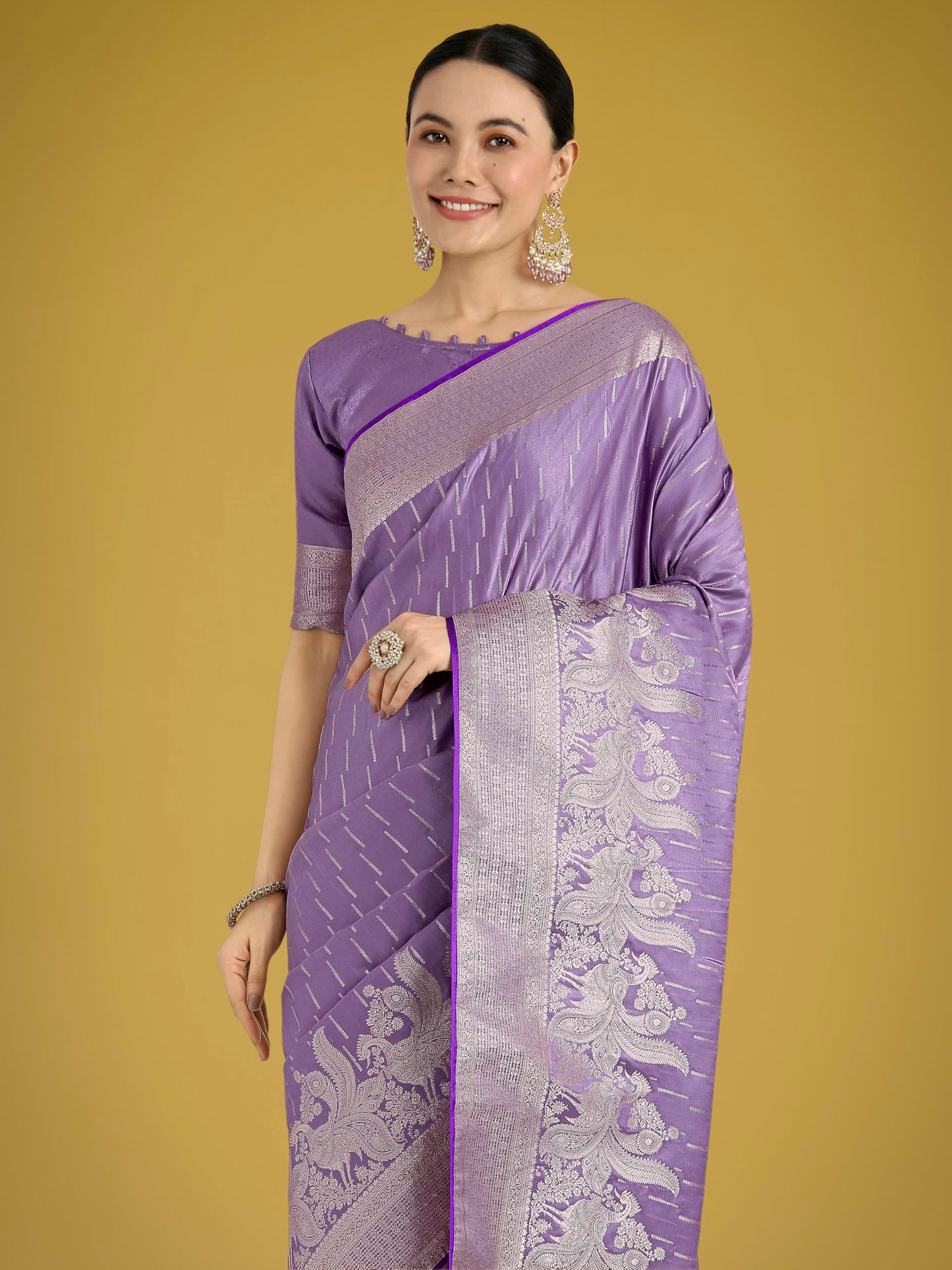 Monjolika Fashion Women Divine Dusty Lavender Zari Weaving Banarasi Satin Silk Trendy Saree For Festival Wear With Bewitching Blouse Piece (13300_Color) (Dusty Lavender)