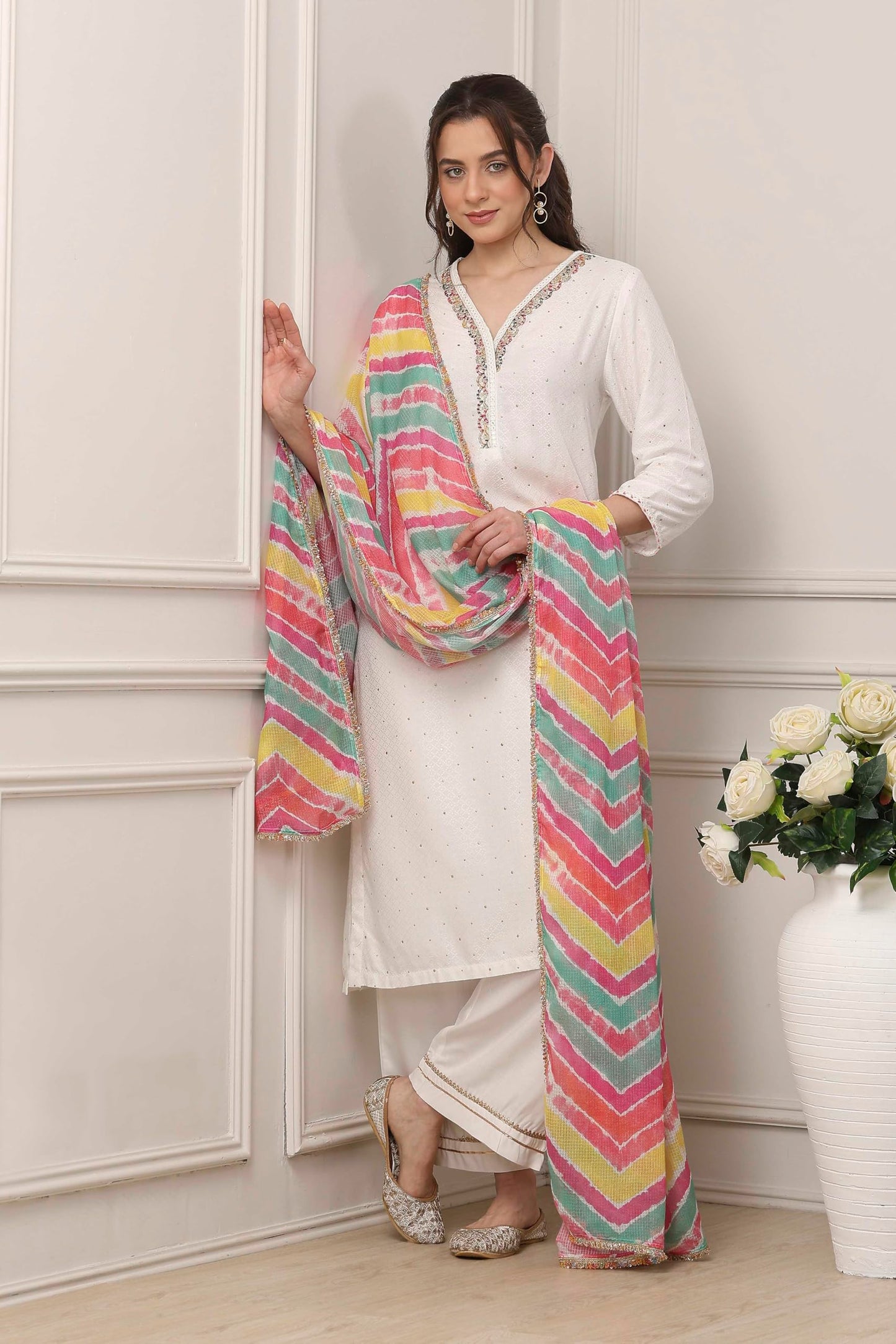 Biba Women White Viscose Rayon Straight Suit Set_42