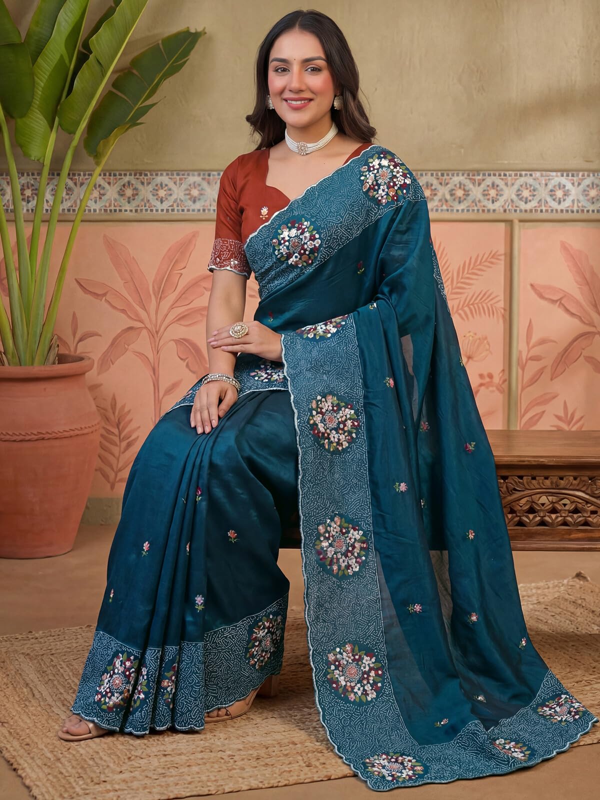 SIRIL Women's Crush Tissue Scalloped Border Embroidery Saree with Unstitched Blouse Piece (4978S231A_Teal Blue)