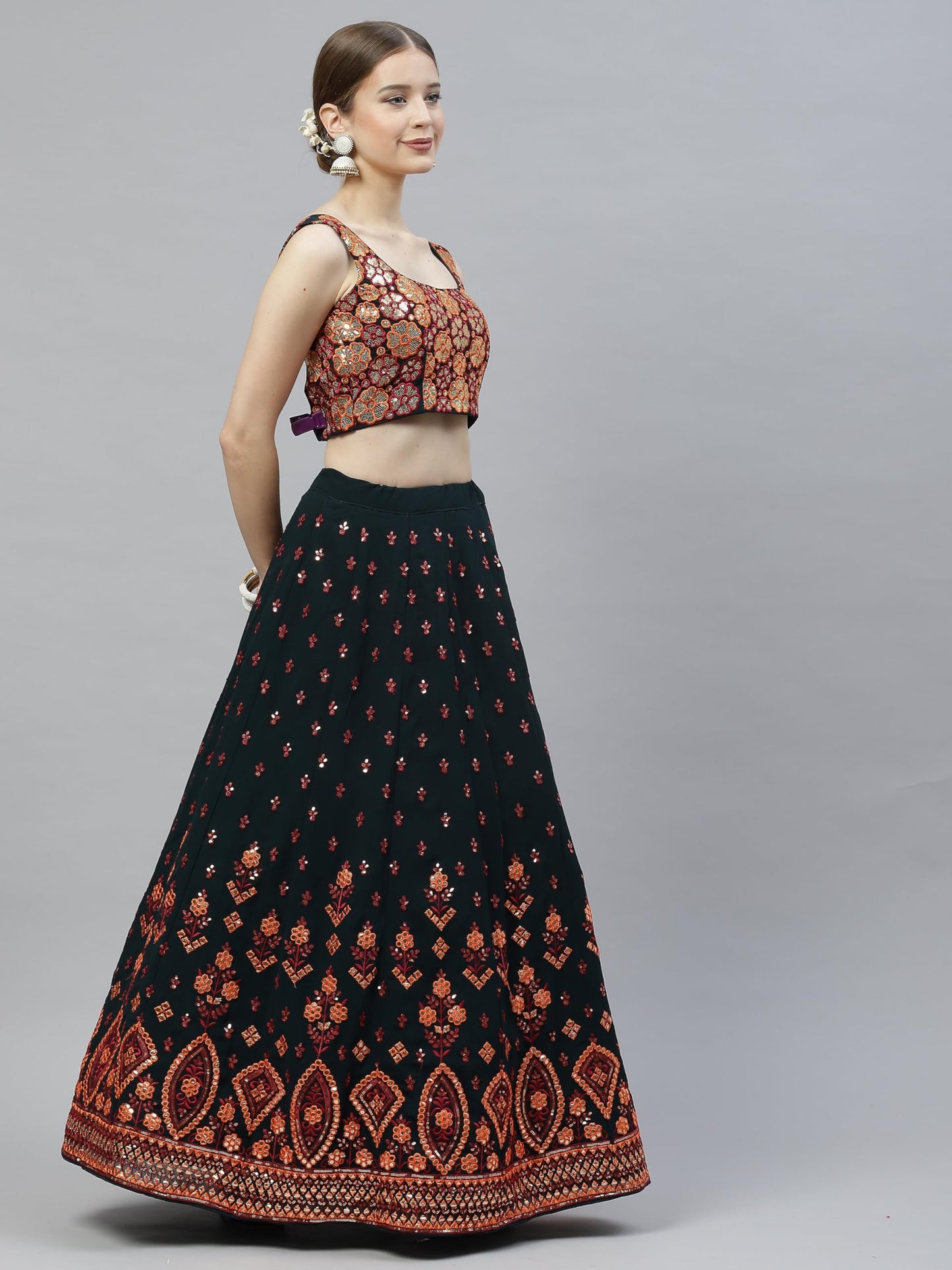 Divine Exim Women's Georgette Semi Stitched Lehenga Choli with Dupatta | Traditional, Wedding, Ethnic Wear Lehenga | Thread and Sequin Embroidery Pattern (Green)