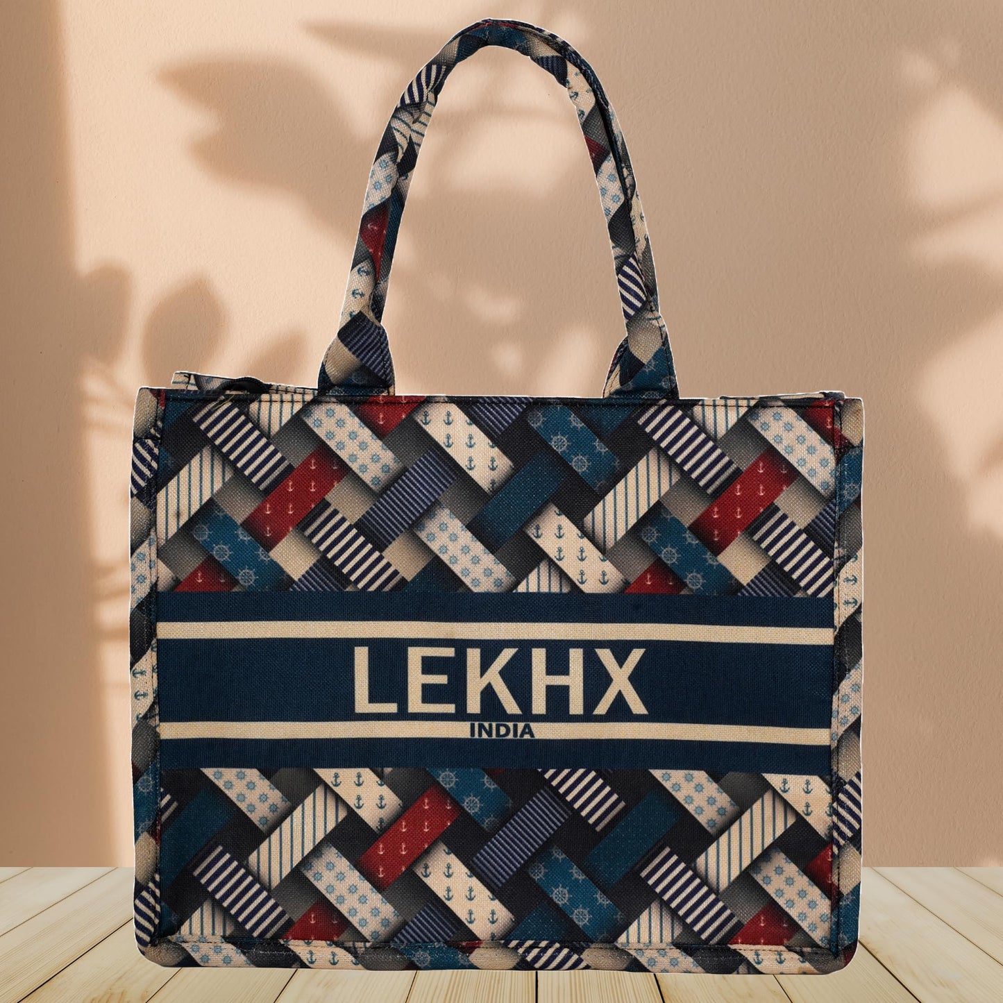 LX LEKHX Designer Tote Bag for Women | Premium Laminated Jute Canvas Handbag with Geometric Print | Stylish Spacious Office, College, Travel & Laptop Bag (Fits 16 Inch) (Multicolor-Blue)