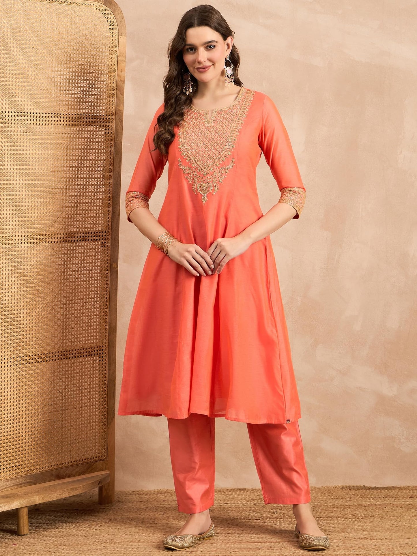 Rangavali Rust Embroidered Festive Anarkali Suit Set | Silk Chanderi Readymade Outfit Kurti, Pant & Dupatta for Women | Kurti Set for Ladies | 3 Pcs, L, 36