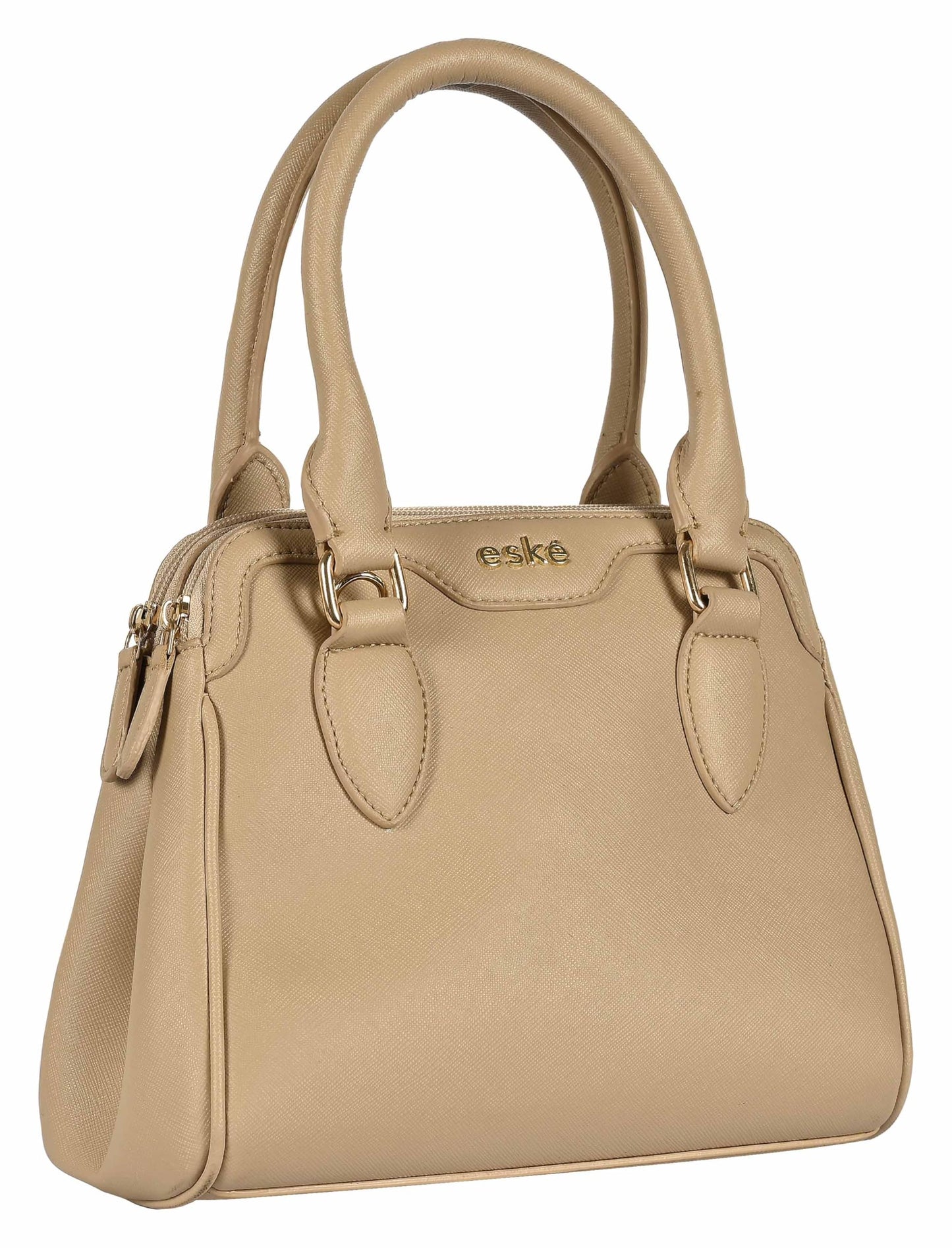 eske Benito Vegan Leather Handbag, Dual Compartment, Magnetic Snap Closure, Textured Saffiano Finish (Stone)