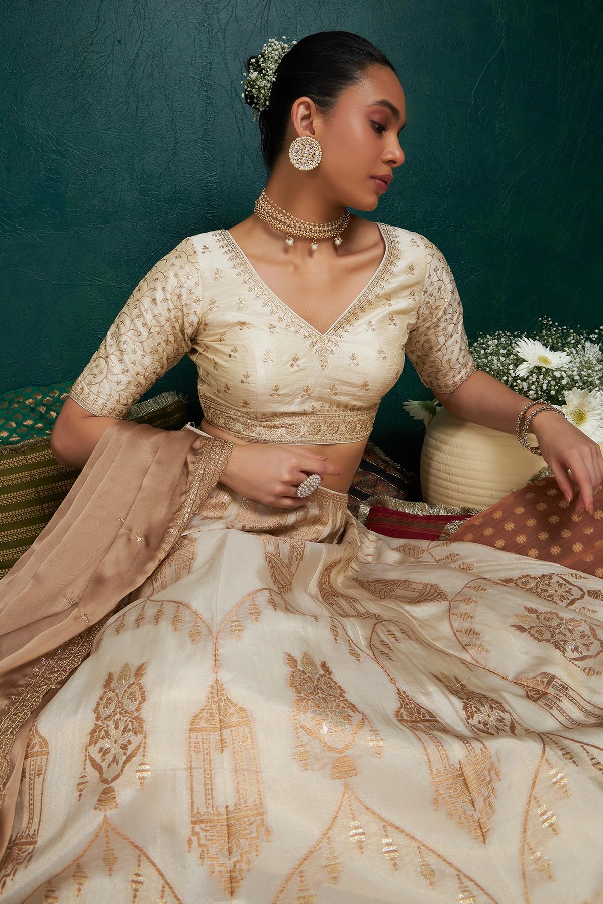 Soch Womens Cream Zari Embroidery Padded Silk Blend Blouse with Sequins