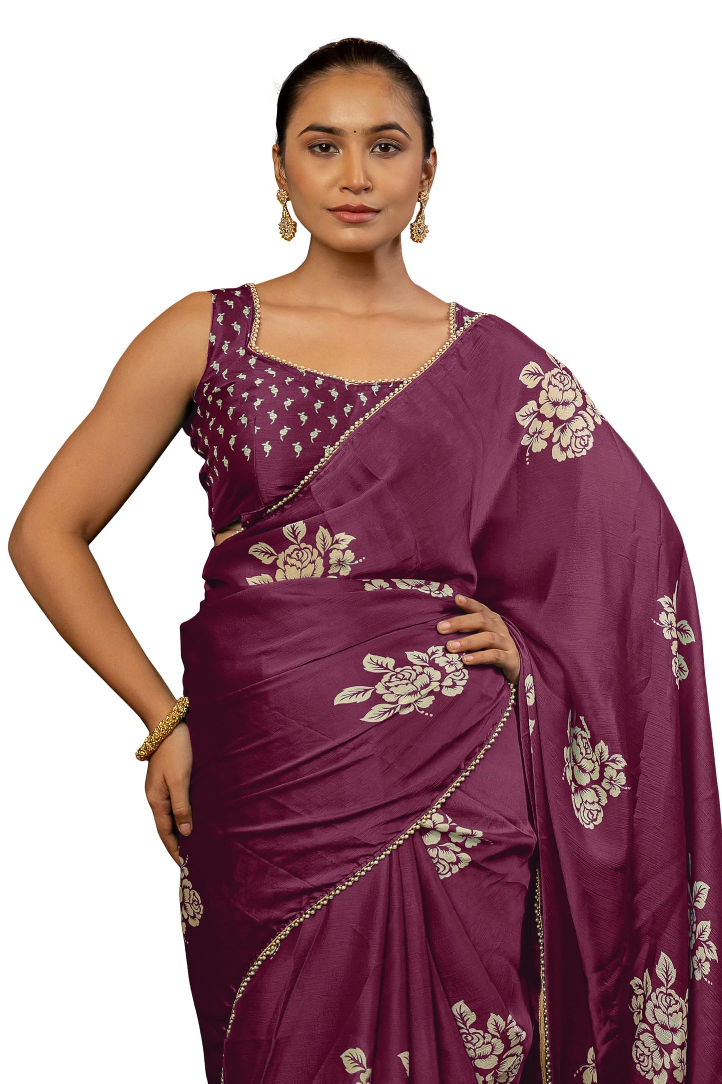 MIRCHI FASHION Women's Chiffon Floral Block Printed Saree with Blouse Piece (50473 - Dark Magenta, Beige)