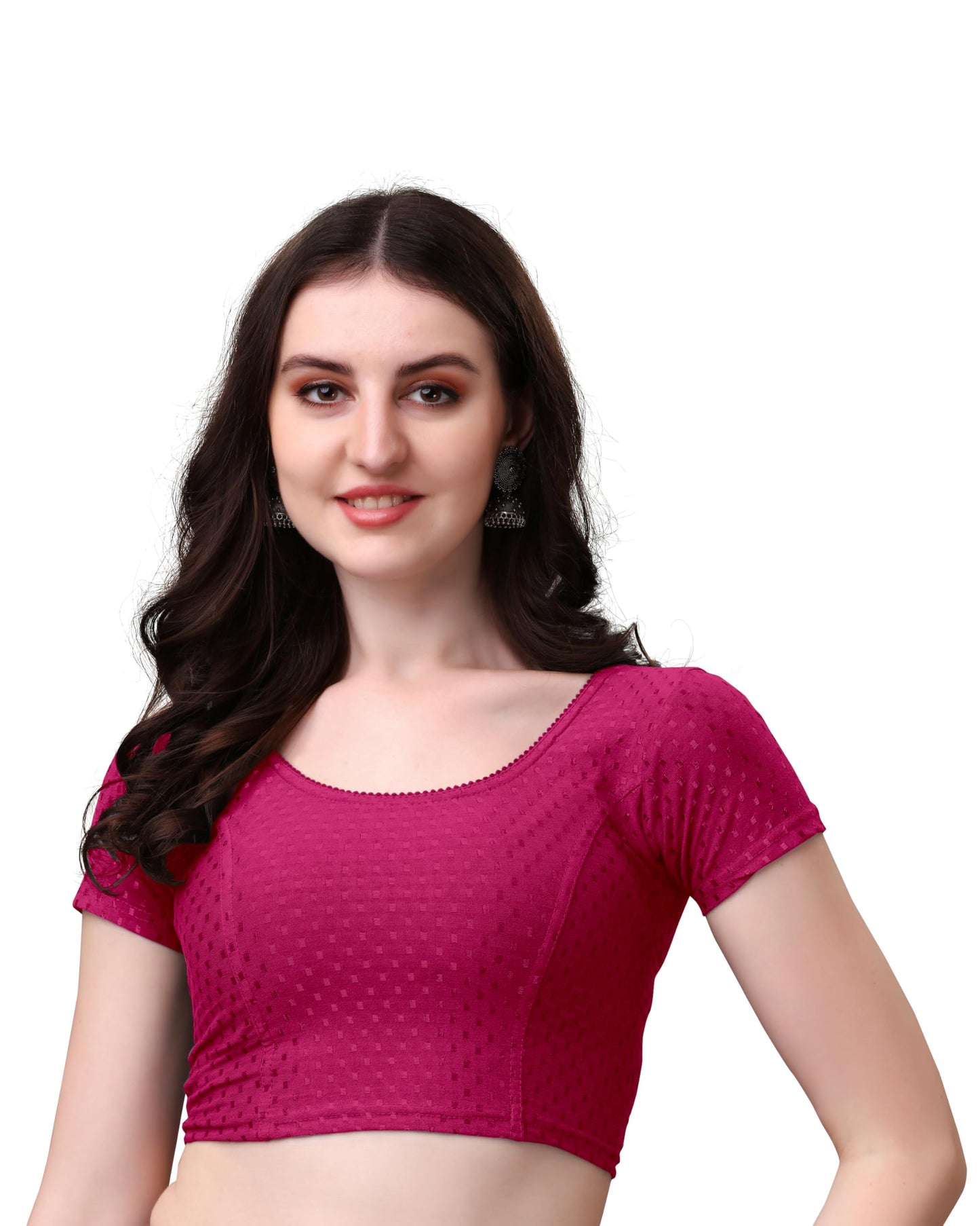Mogsa Stylish Cotton Saree Blouse for Women | Soft Dobby Stretch Fabric | Round Neck | Stitched Blouse for Party, Casual & Festive Use (Pink, 34)