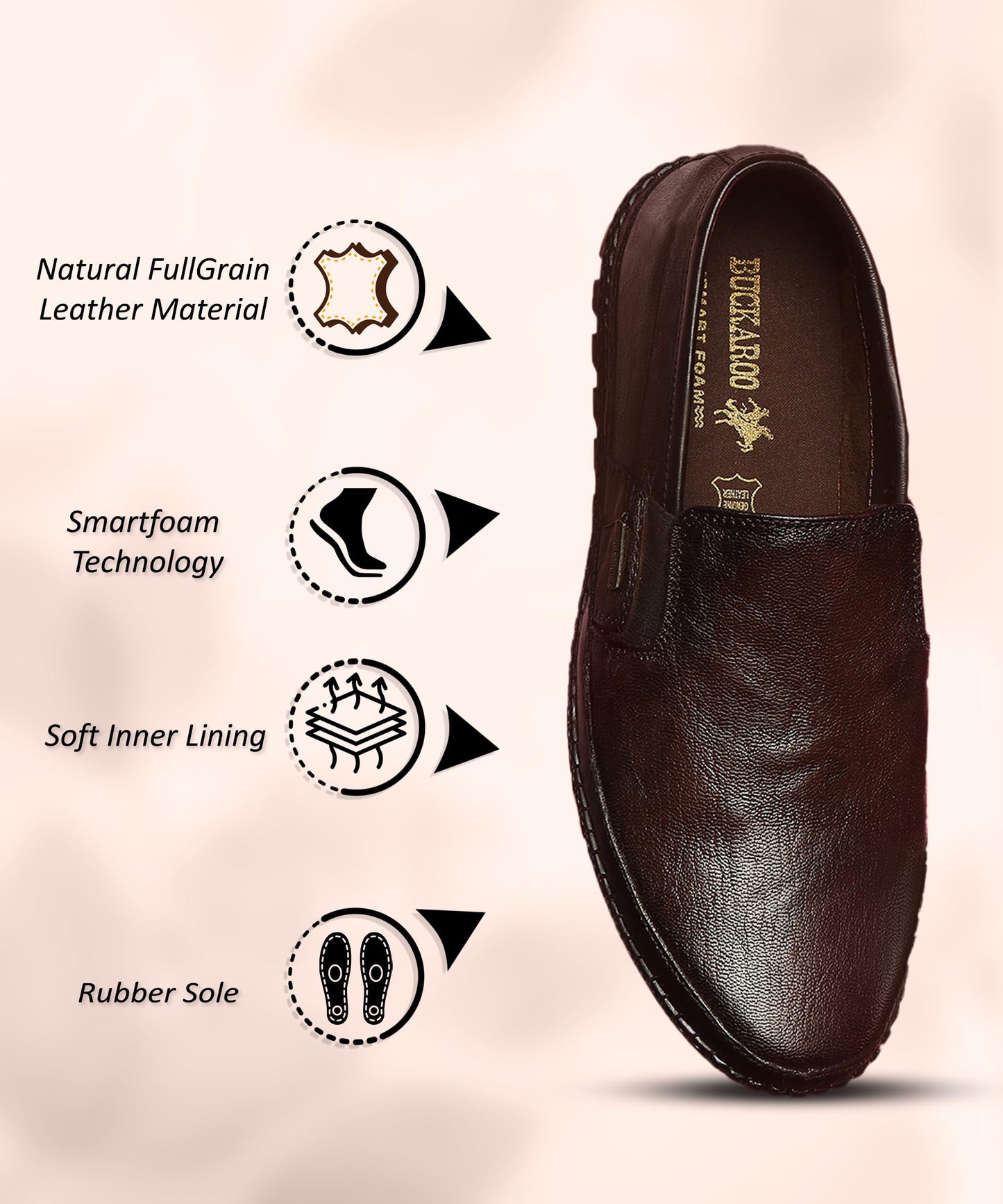Buckaroo Nardo Natural FullGrain Leather Brown Casual Slip-On Shoes for Mens: Size UK 8