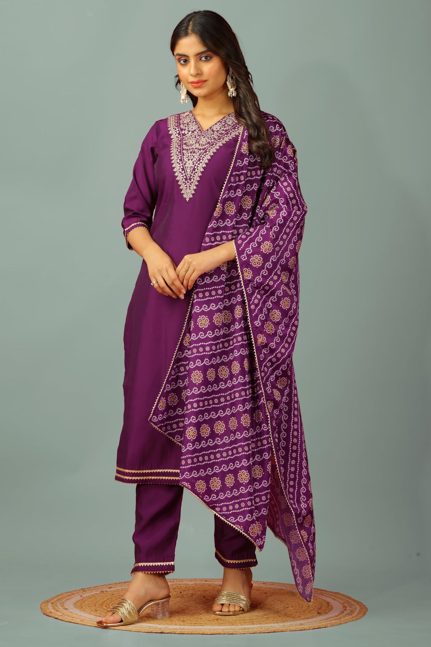 GALGOTO Women's Viscose Silk V Neck Embroidery Work Kurta with Bandhani Print Dupatta (in, Alpha, 2XL, Regular, Wine-1)