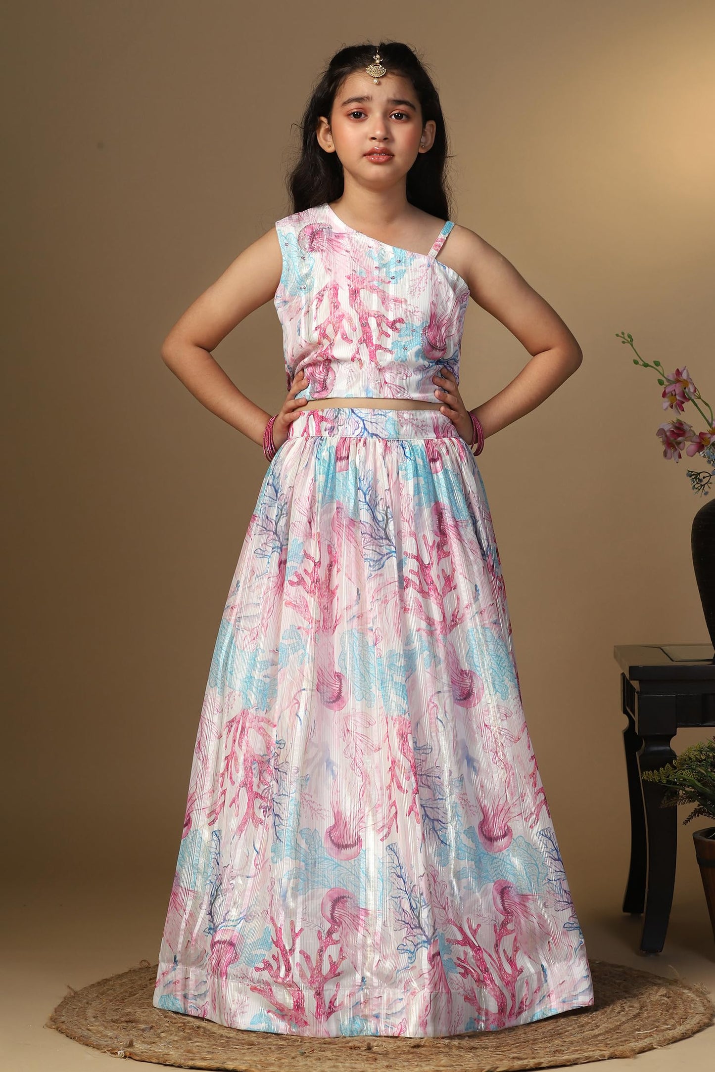 Jwalin Girl’s Georgette Lehenga Choli|Kids Lehenga And Choli|Printed Lehenga Choli(JWGLGC00149 WHT 28_White_7-8 Yrs)