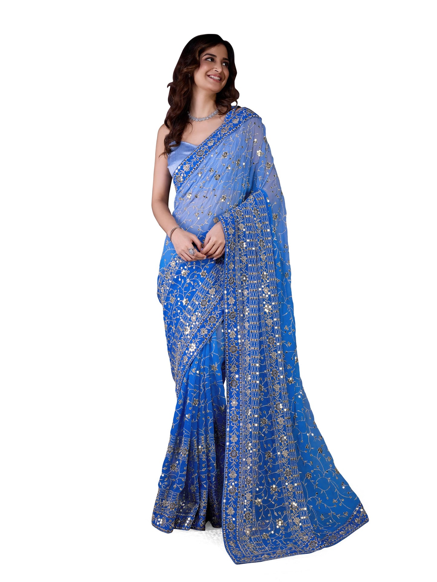 TRENDMALLS Women's Georgette Sequin Embroidery work Saree with Unstitch Blouse Piece (K963-Skyblue)