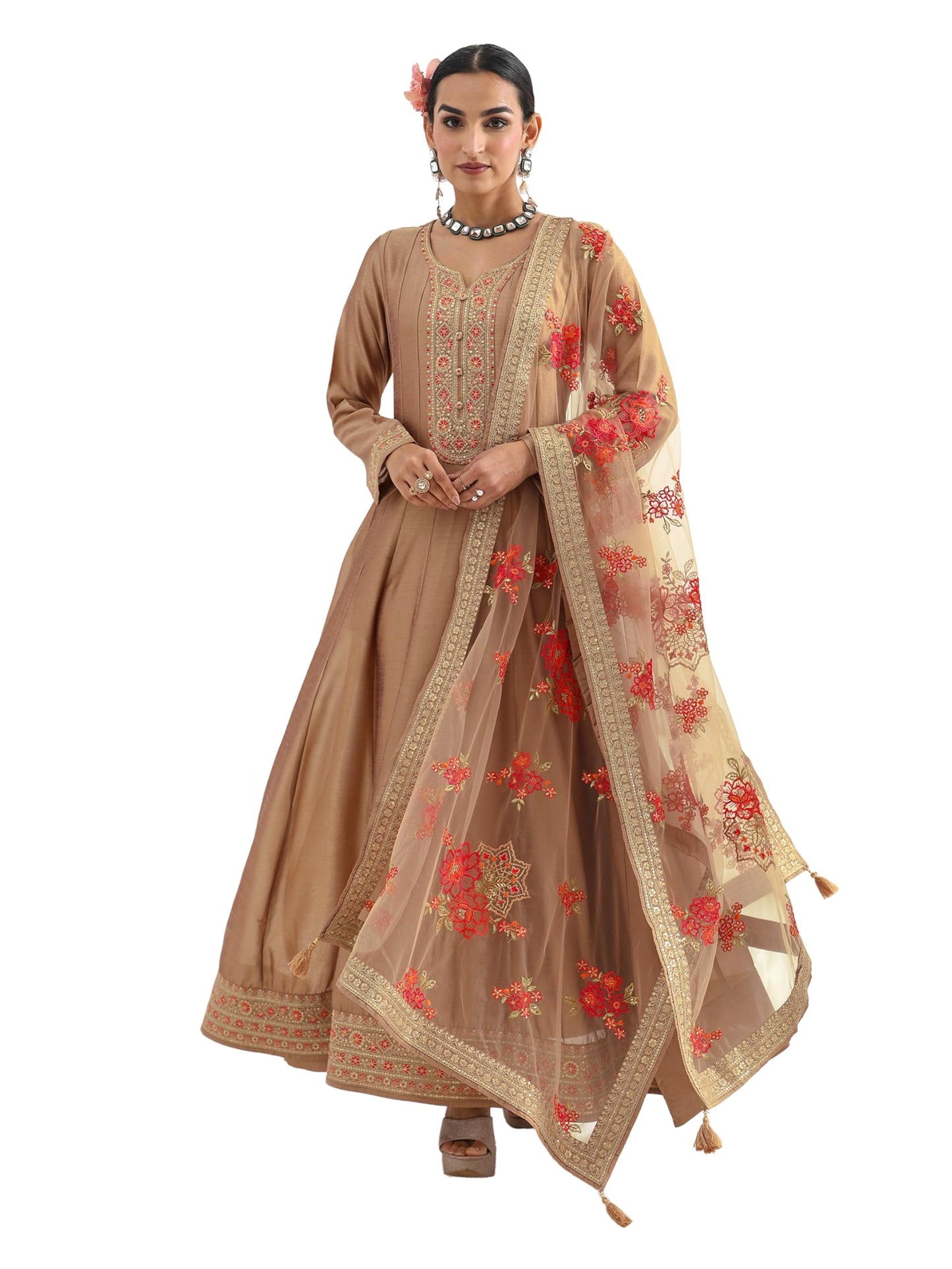 Libas Embroidered Silk Blend A-Line Ethnic Dress with Dupatta-93638L