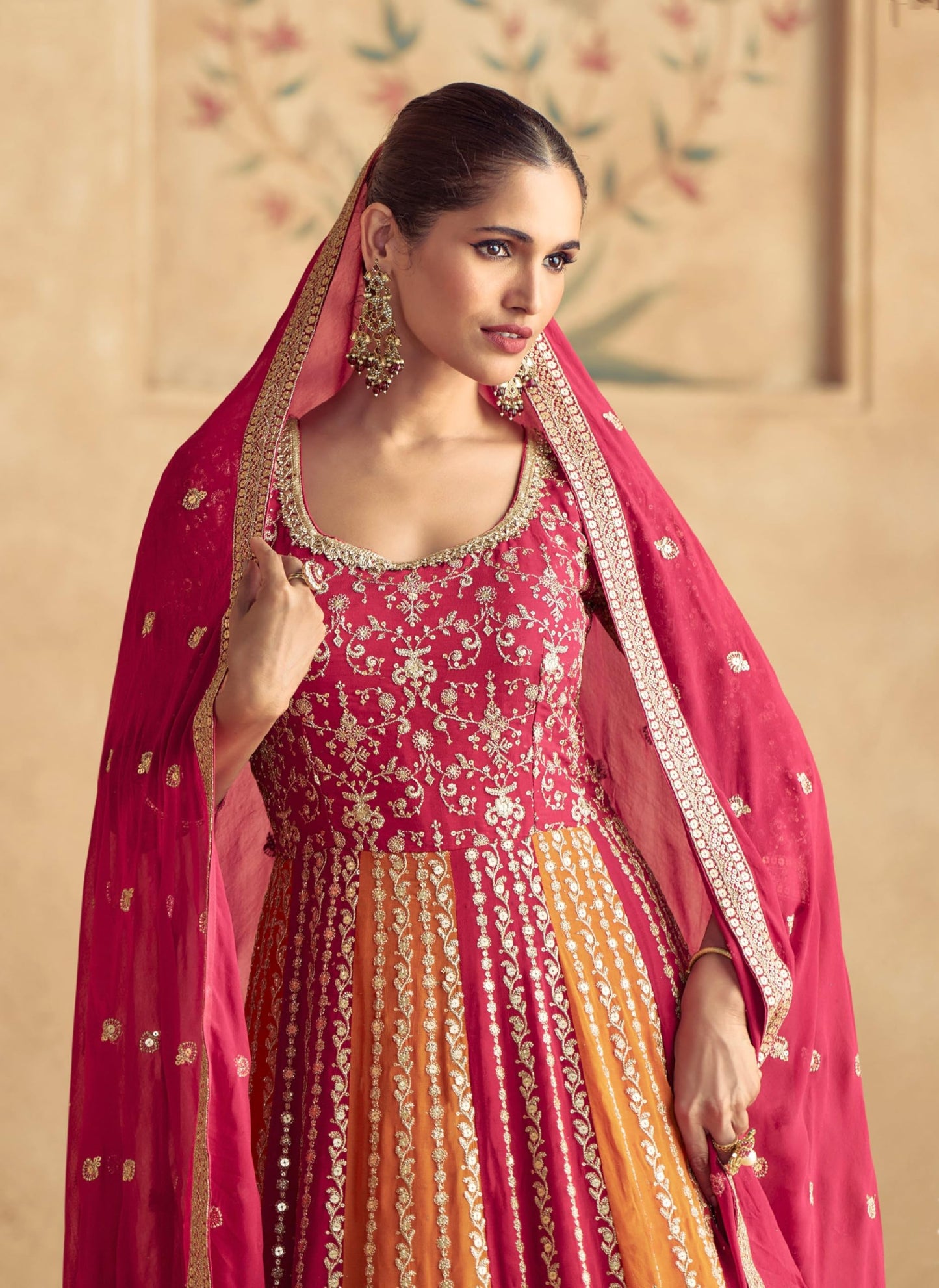 Miss Ethnik Women's Pink Chinon Stitched Gown with Dupatta 3/4 Sleeve Embroidered Anarkali Gown (ME-1231-Pink-XL)