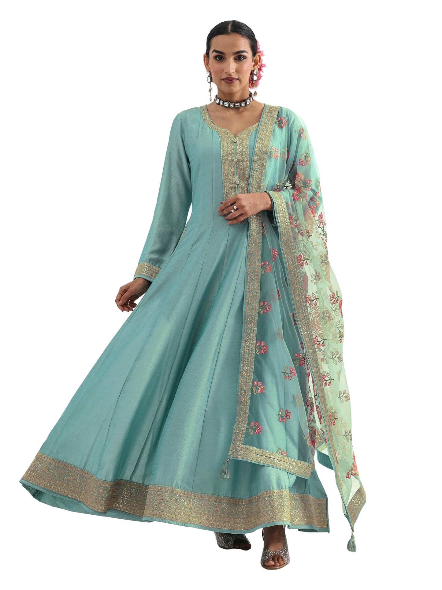 Libas Embroidered Silk Blend A-Line Ethnic Dress with Dupatta-93637L
