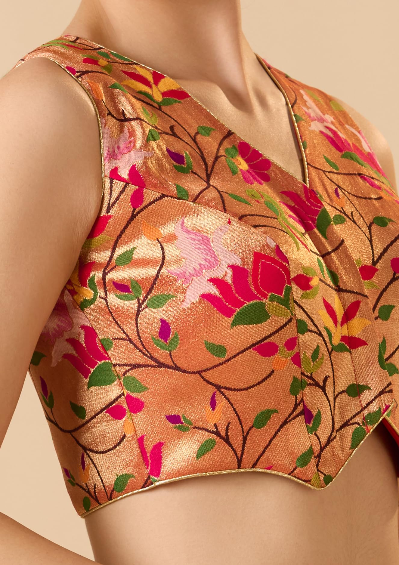 Rose Gold Paithani Silk Waistcoat Sleeveless Readymade Blouse
