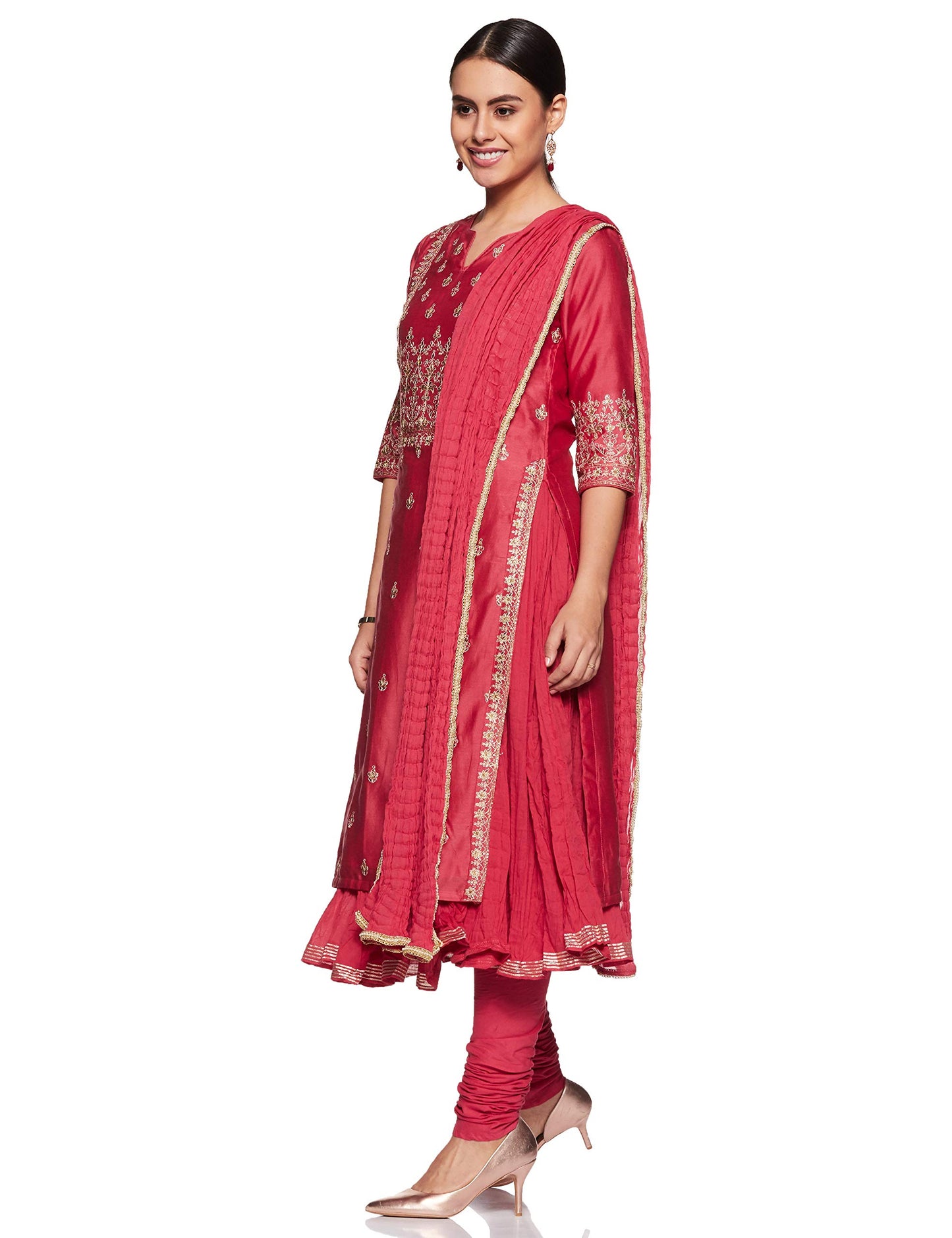 BIBA WOMEN EMBROIDERY FITTED SALWAR KURTA DUPATTA(SKDPRET COL6180_CORAL_36)