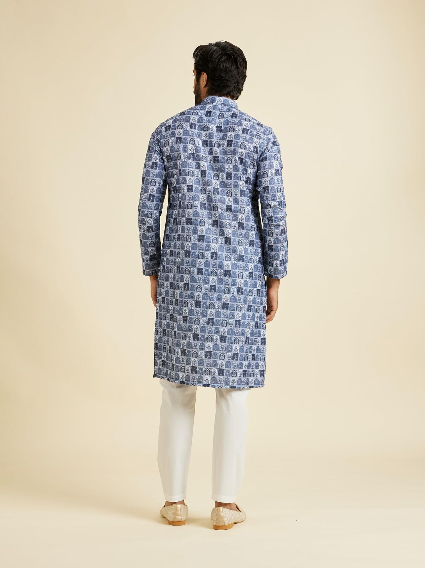 Manyavar Men's Cotton Blend Printed Kurta Pyjama Set (Greyish Blue,S)