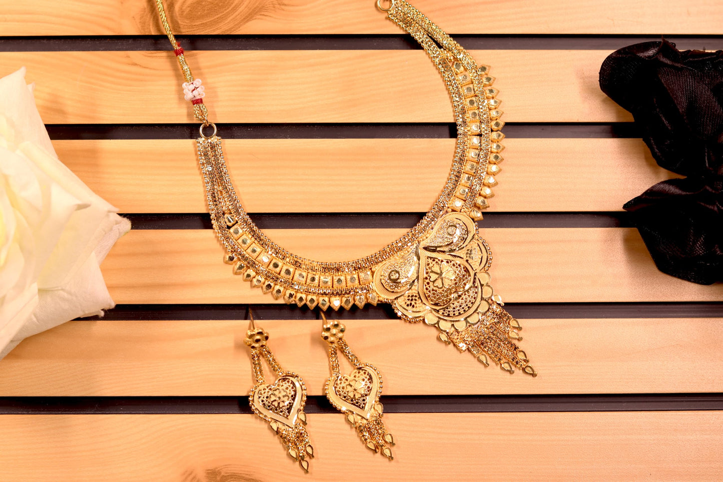 GOLDCASH 10k One Gram Gold Traditional Gold-Plated Necklace and Earrings Set | Heart Design with Dangling Elements | Indian Wedding Jewellery Set for Women's & Girl's