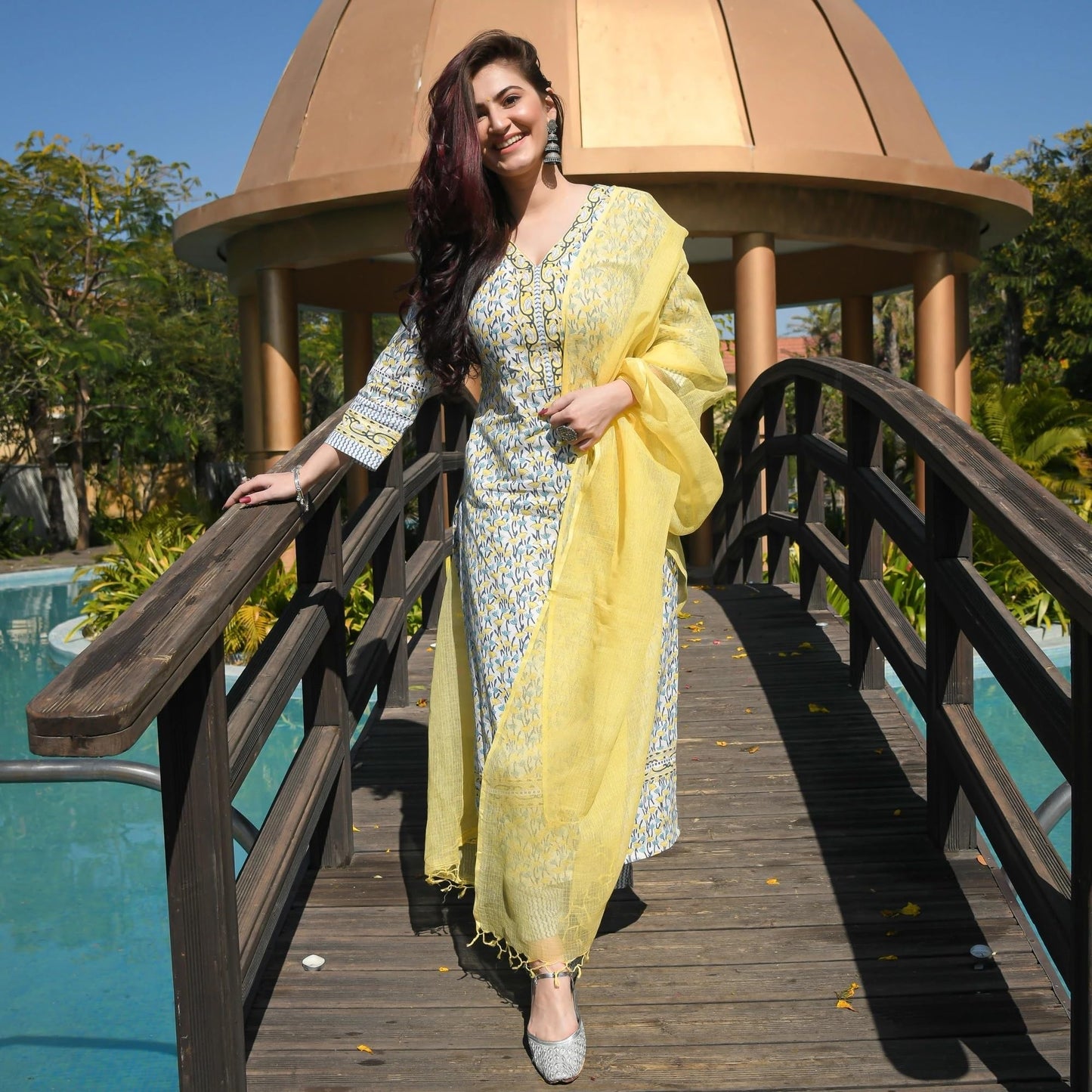 Royal Export Women's White Color Cotton Printed Straight Kurti Palazzo Pants Set Salwar Suit Set (Small, White Yellow)