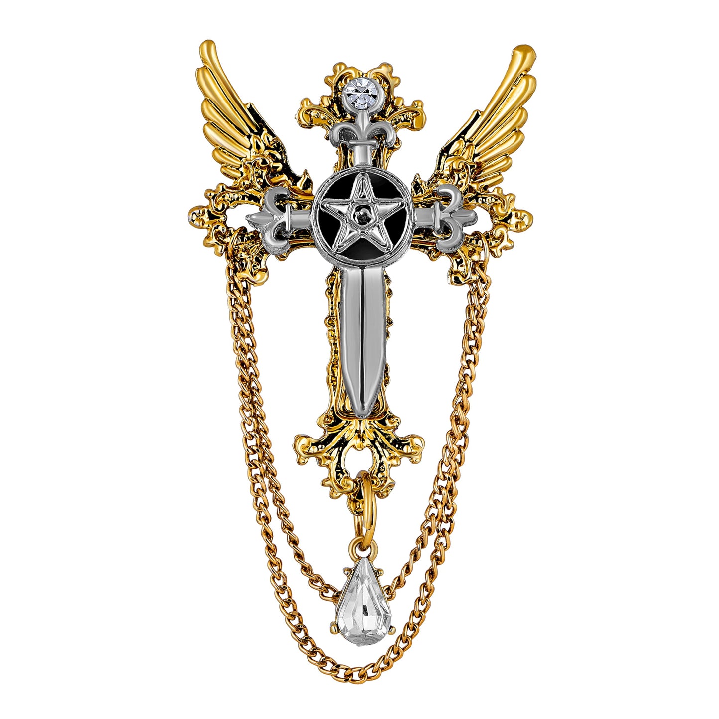 Mahi Black Cross and Wings Hanging Chain Sherwani Brooch with Crystal for Men (BP1101088G)