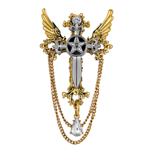 Mahi Black Cross and Wings Hanging Chain Sherwani Brooch with Crystal for Men (BP1101088G)