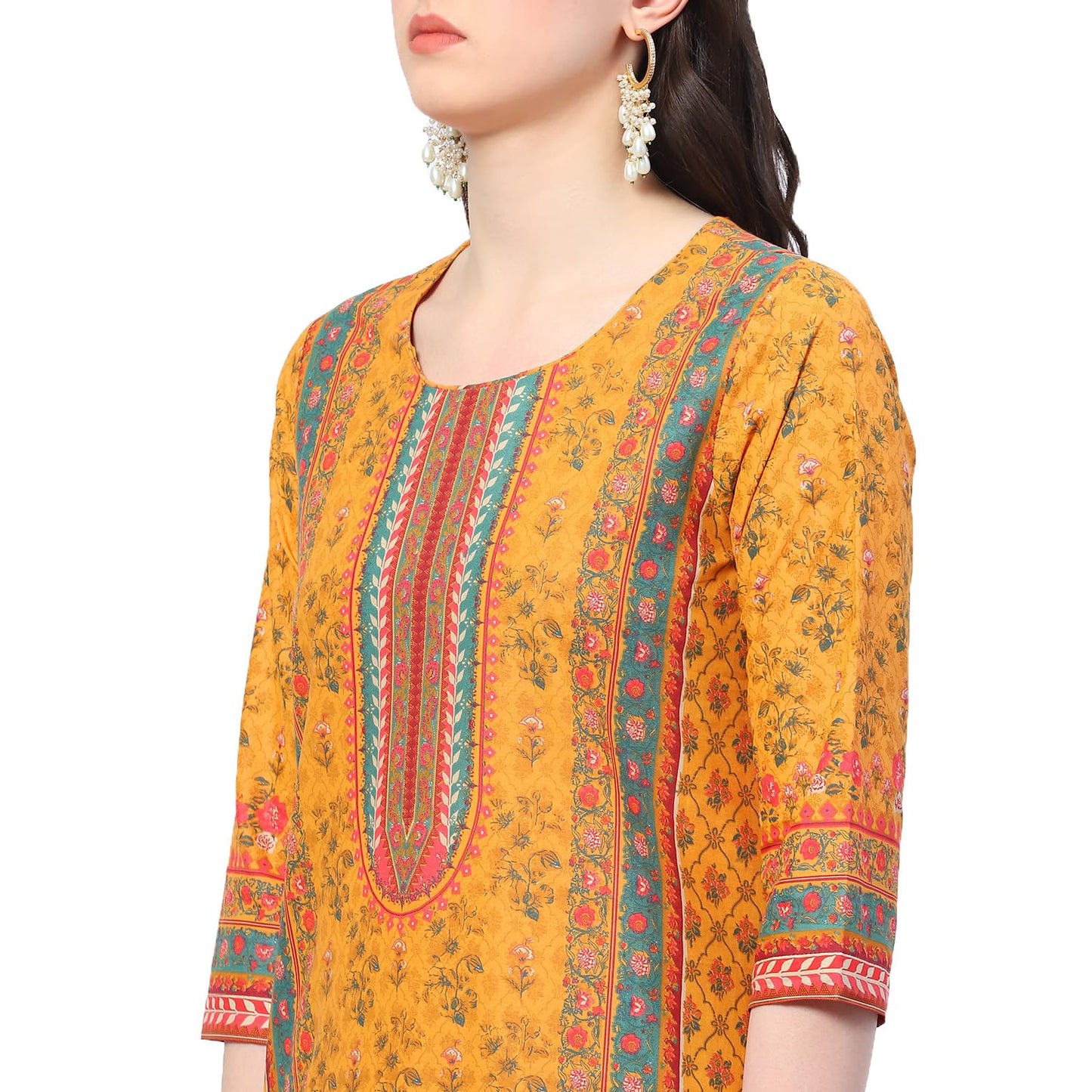 BIBA Women Cotton A Line Printed Suit Set (SKDGUL8951SS24MUST_Yellow