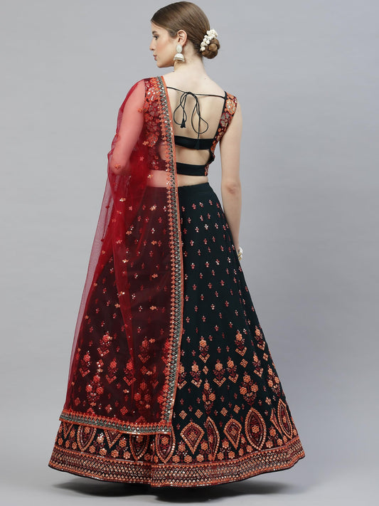 Divine Exim Women's Georgette Semi Stitched Lehenga Choli with Dupatta | Traditional, Wedding, Ethnic Wear Lehenga | Thread and Sequin Embroidery Pattern (Green)