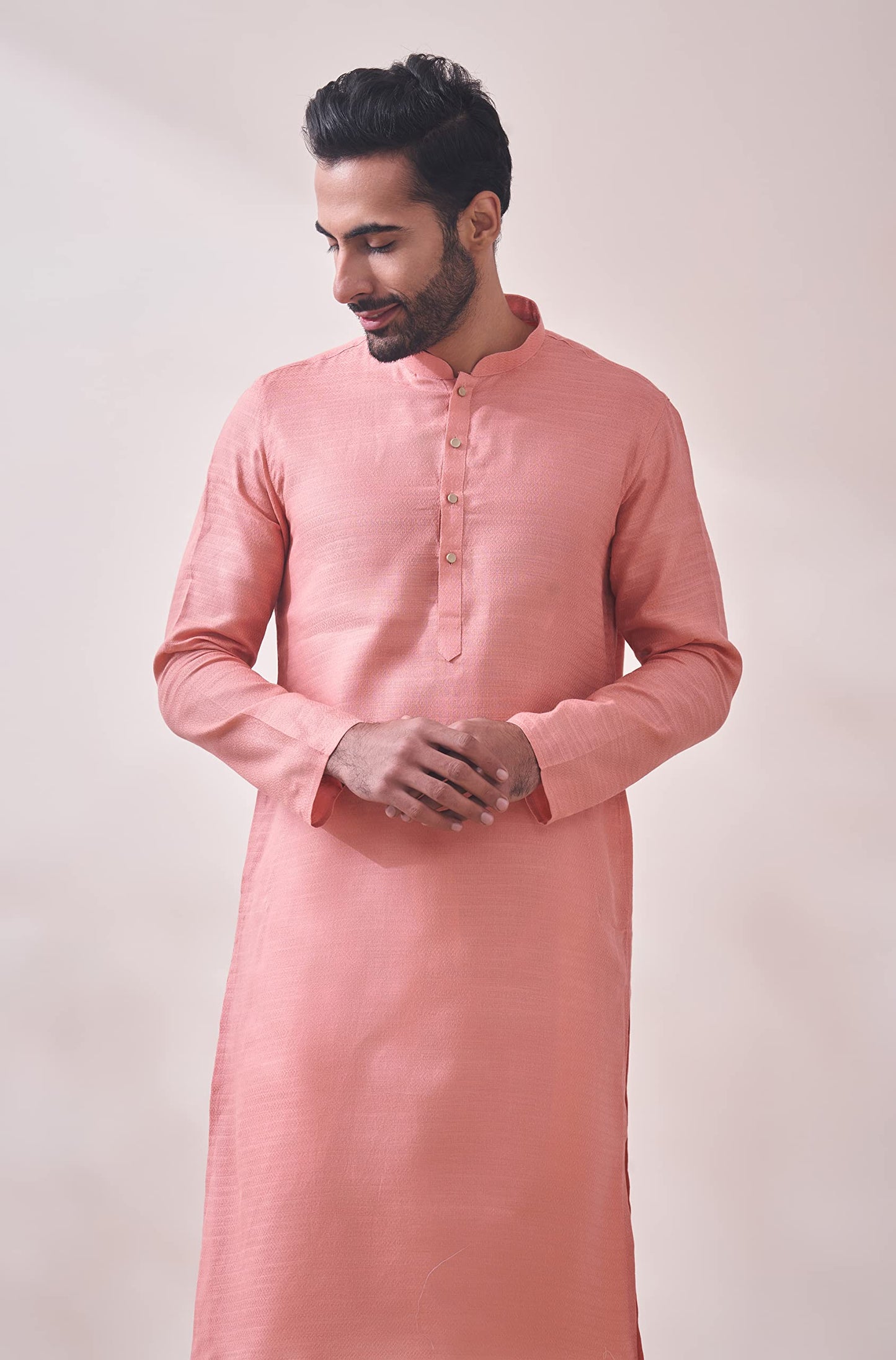 Manyavar Pink Cotton Full Sleeve Kurta Set | Traditional Kurta Set For Men (XL)
