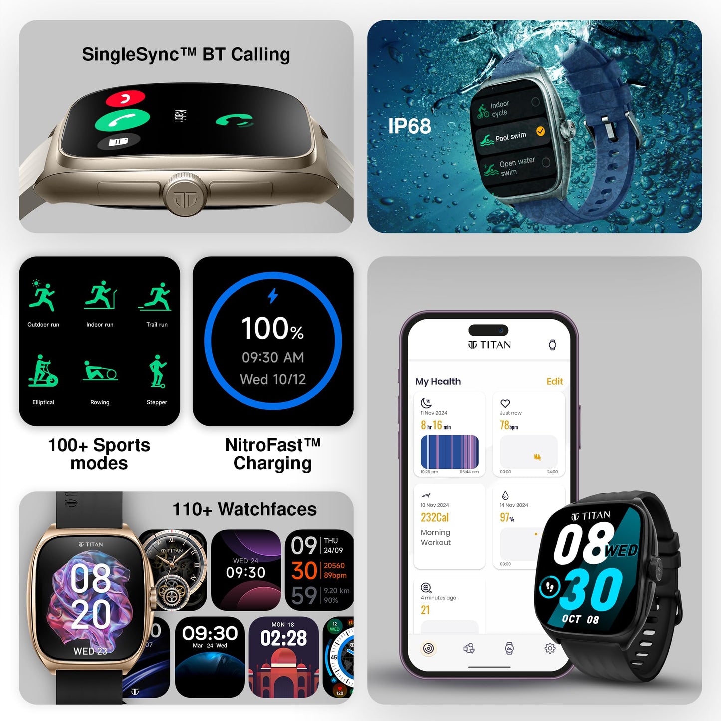 Titan Evolution Smart Watch, 1.85” AMOLED Display, 390 * 450 Pixel Resolution, SingleSync BT Calling, AI Voice Assistant, 100+ Sports Modes & Smartwatch Faces, Upto 7 Day Battery, IP68 (Black)
